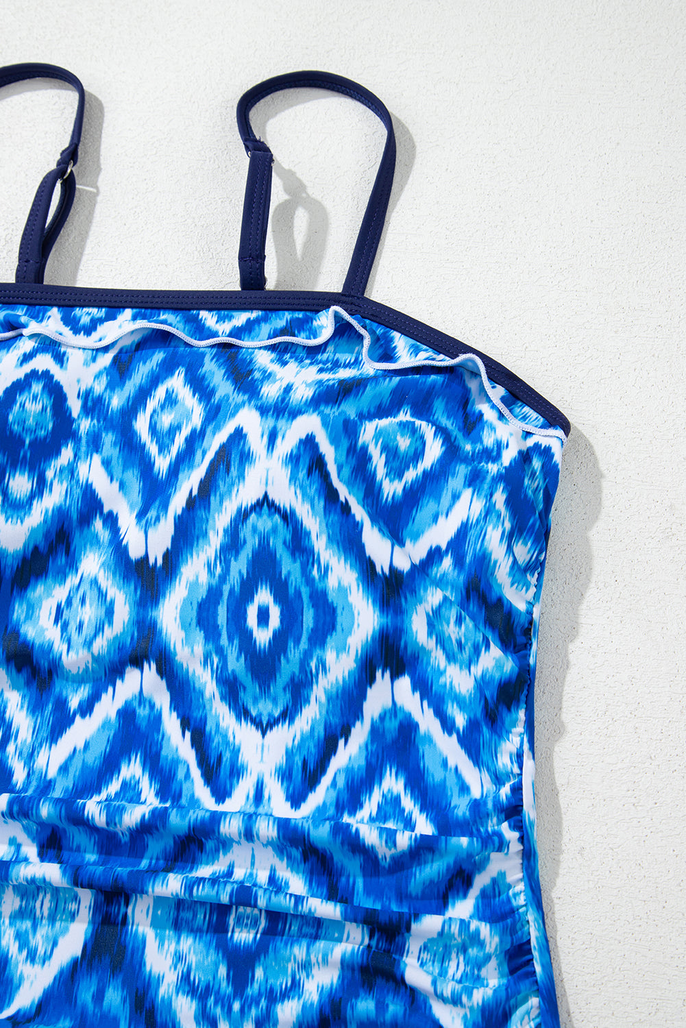 Navy Blue Abstract Print Frilled Trim Spaghetti Straps Tankini Set eAura