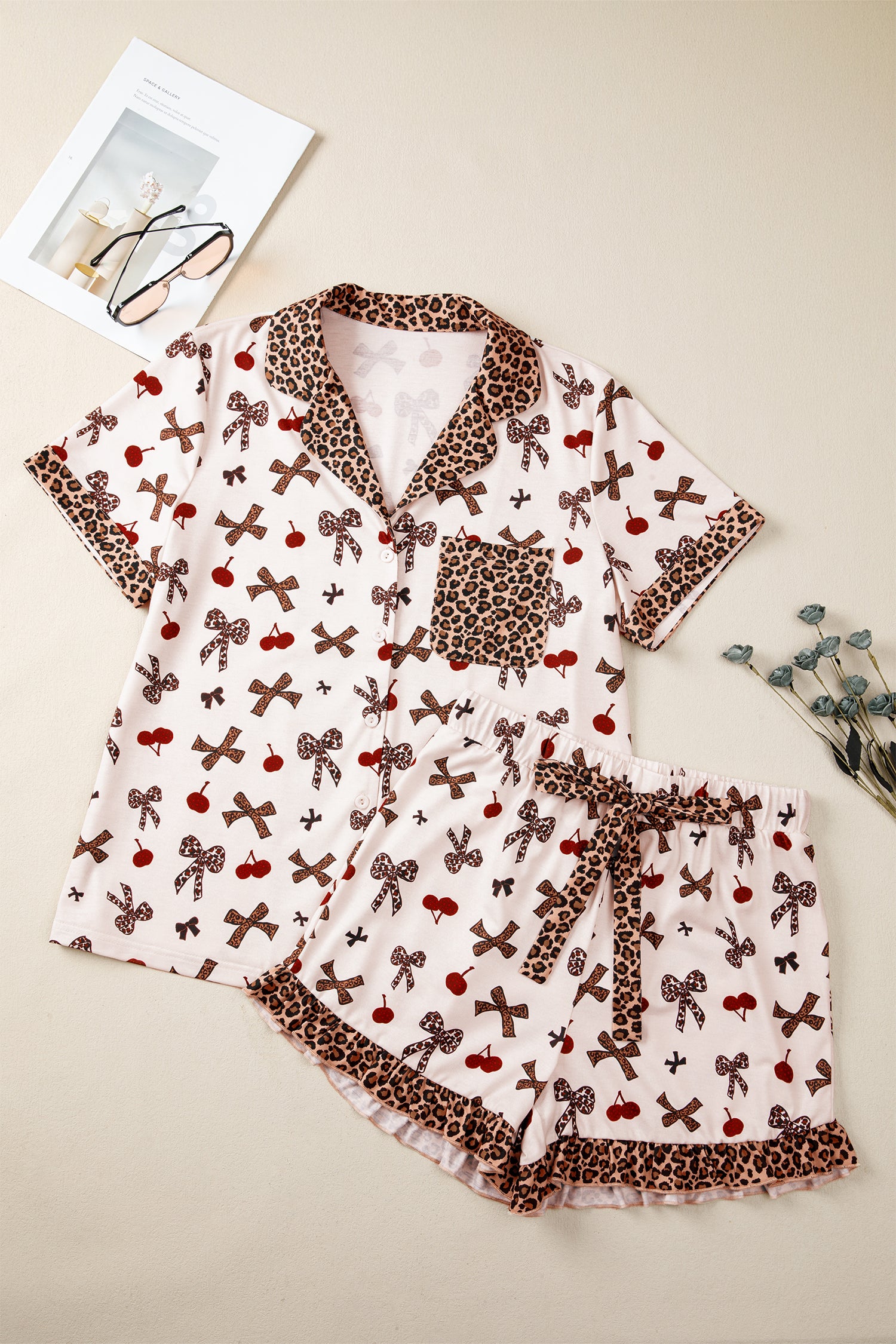 Chic Bow Cherry Print Leopard Contrast Shirt and Drawstring Pyjams