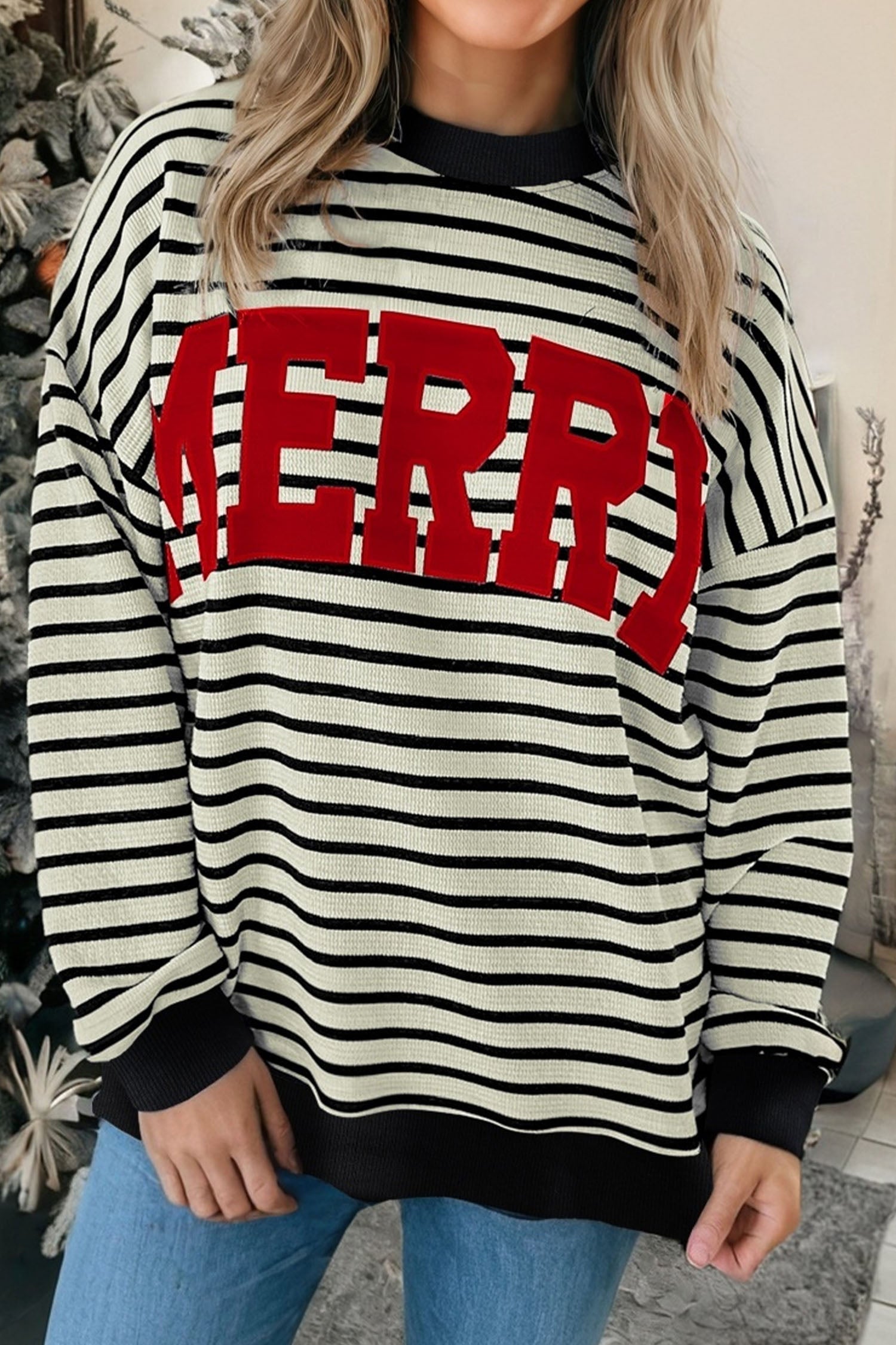Black Stripe Contrast MERRY Letter Christmas Print Drop Shoulder Sweatshirt - eAura