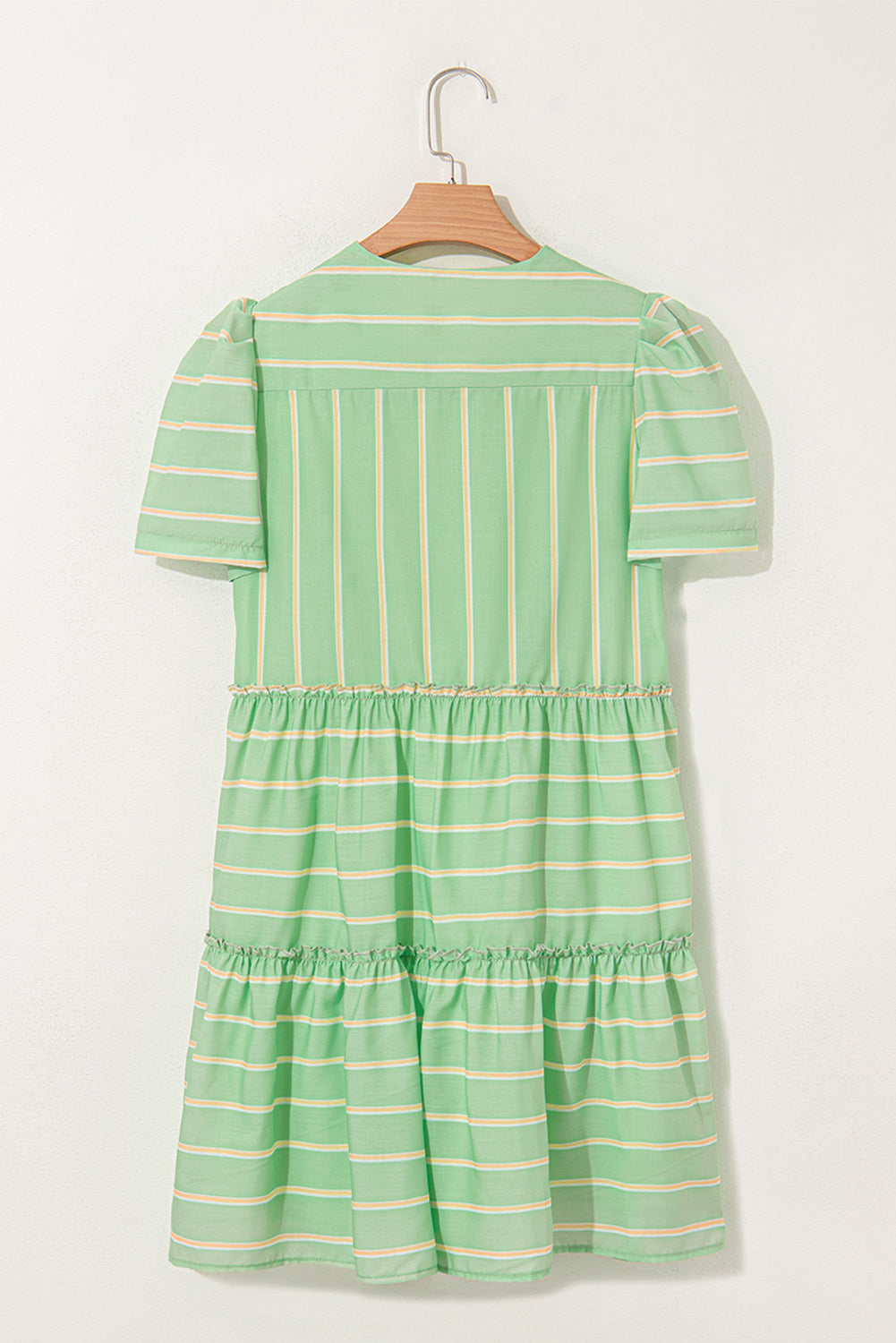 Green Stripe V-Neck Short Sleeve Frilled Detail A-line Dress eAura
