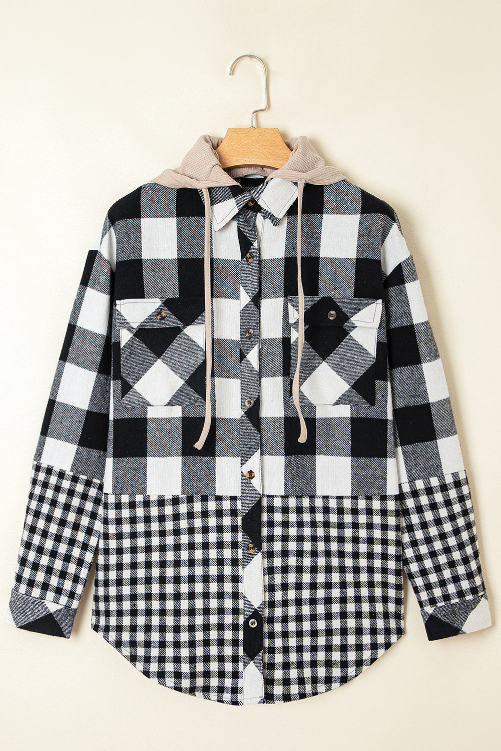 Black Double Plaid Patchwork Drawstring Hooded Shacket eAura