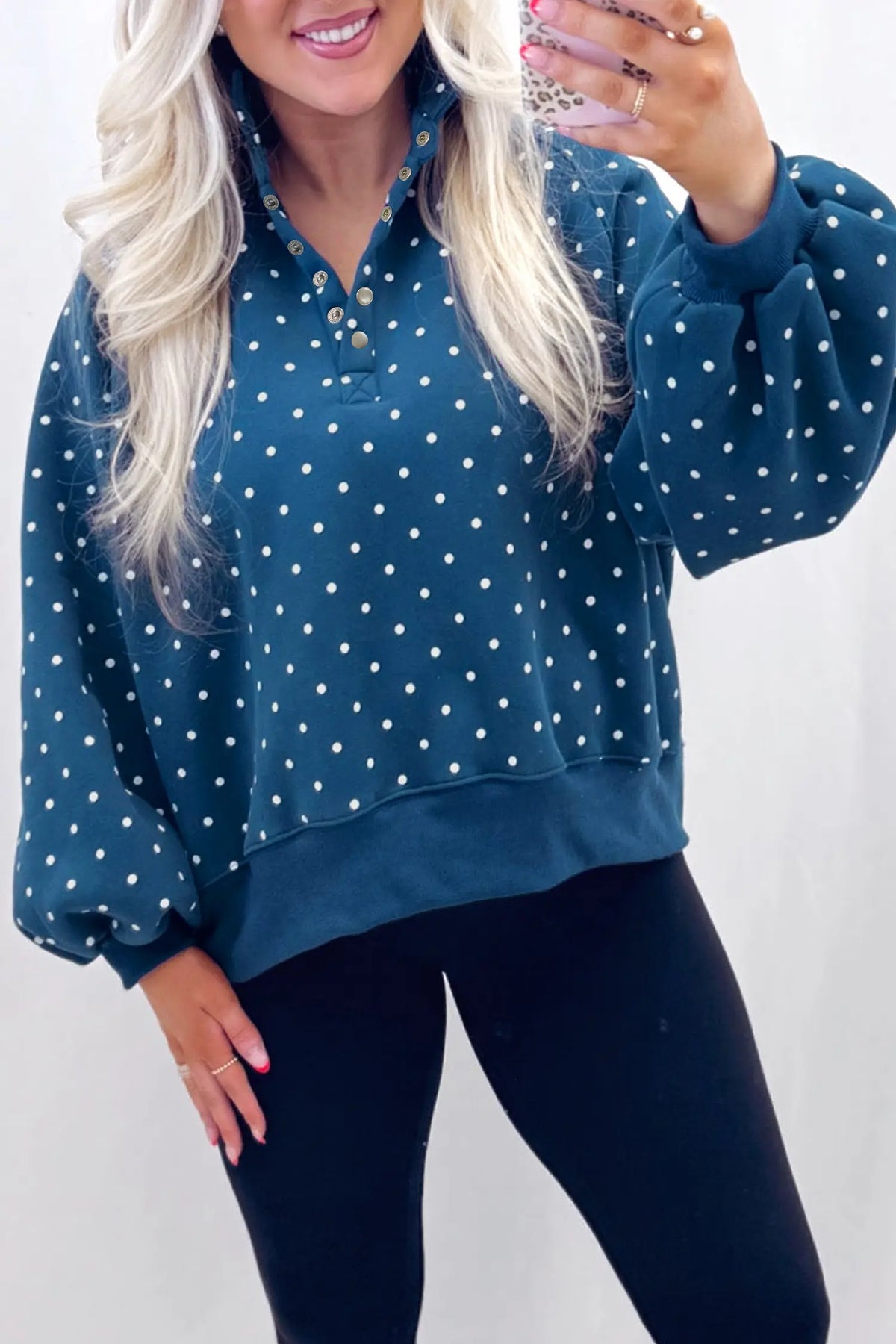 Polka Dot Print Metal Button Collar Casual Pullover Sweatshirt – Pink