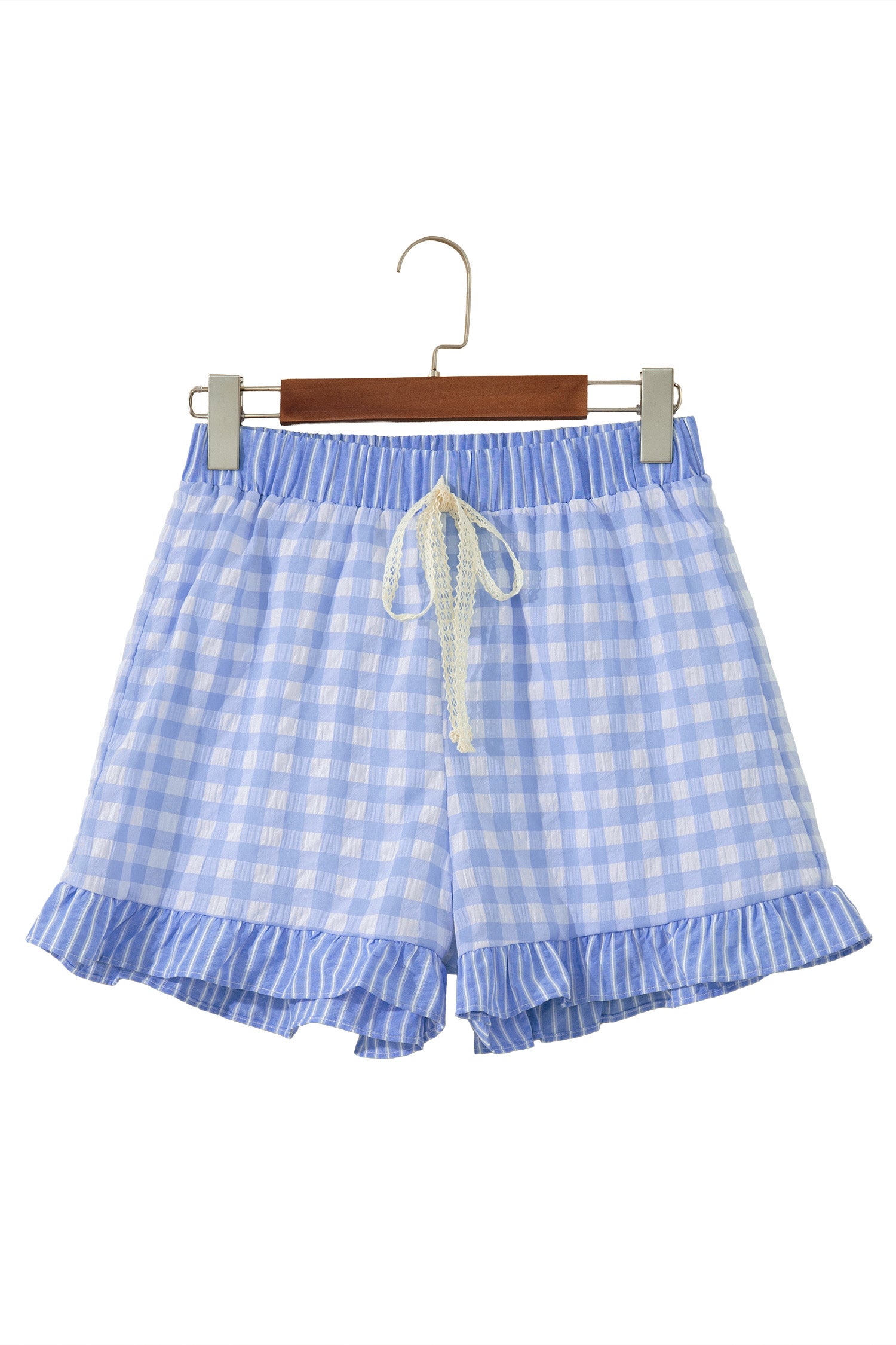 Gingham Ruffle Shorts with Lace Tie Waist