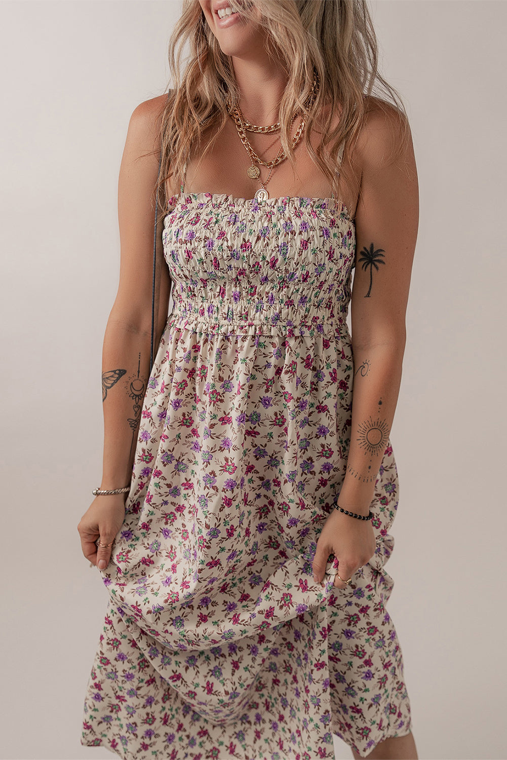 Multicolour Bohemian Ditsy Floral Smocked Fit Flare Sundress eAura