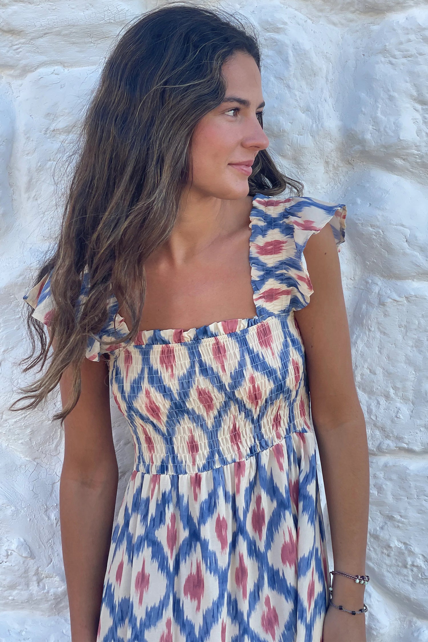 Geometric Print Square Neck Smocked High Waist Ruffle Sleeve Dress