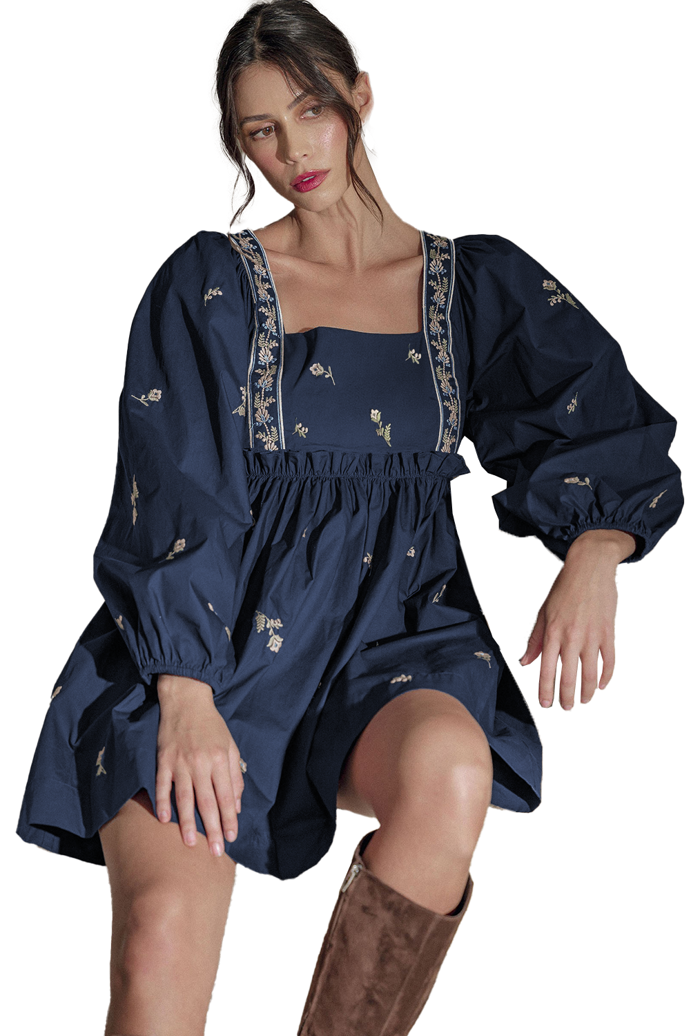 Blue Floral Embroidered Square Neck Puff Sleeve Ruffled Mini Dress eAura