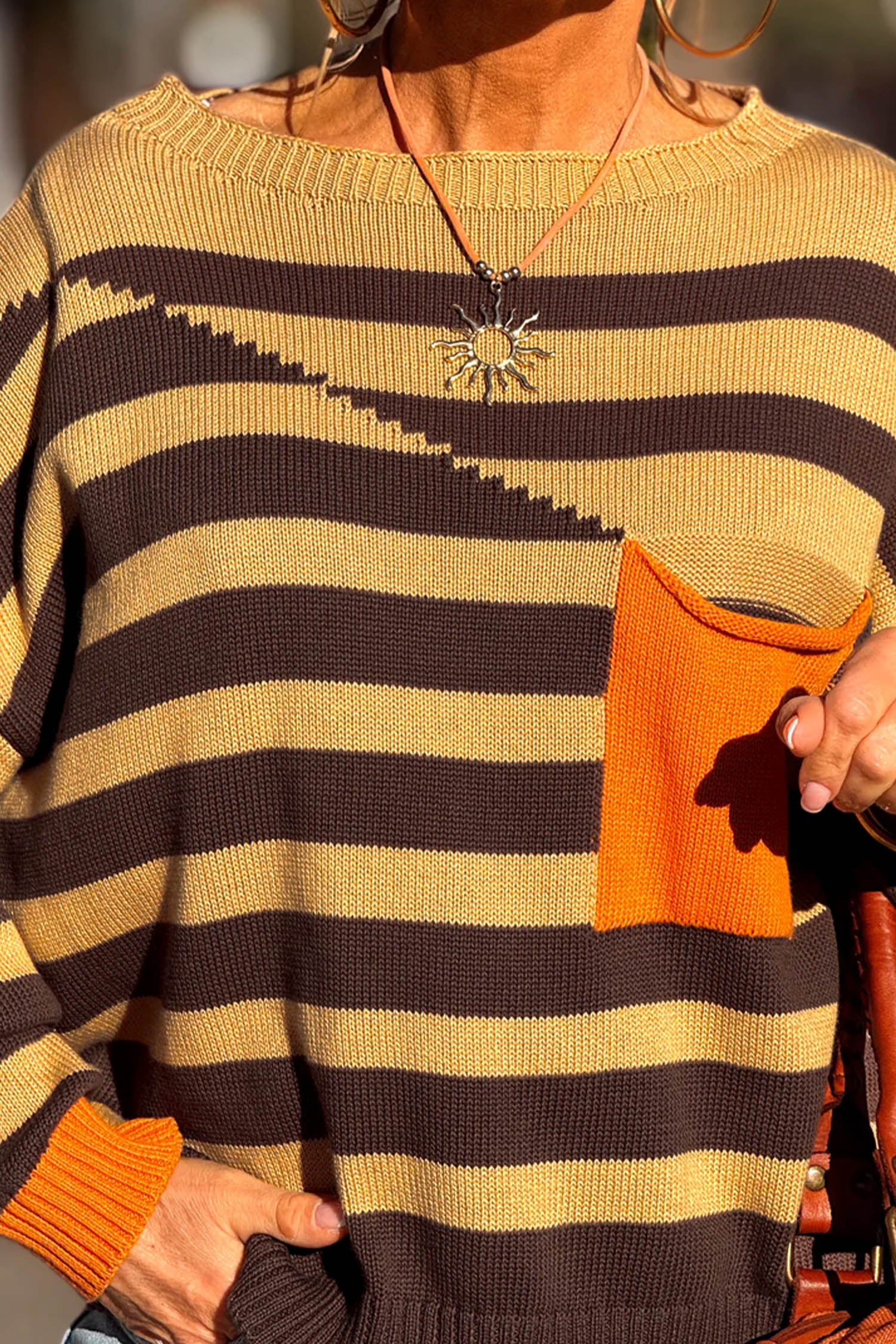 Striped Drop Shoulder Colorblock Pullover Sweater – Brown Stripe