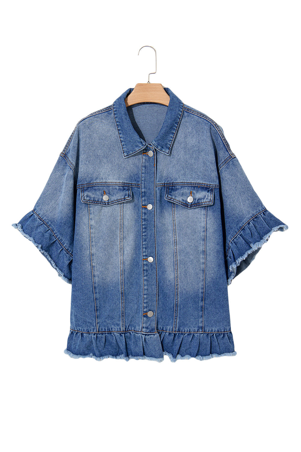 Peacock Blue Ruffled Frayed Short Sleeve Plus Size Denim Jacket Beagle Boutique Fashion Outlet