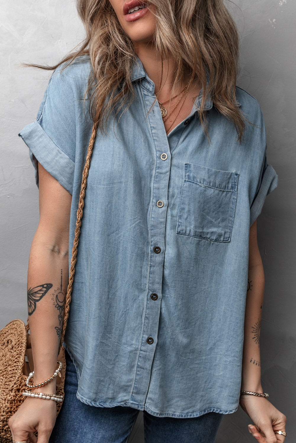 Dusk Blue Folded Short Sleeve Patched Pocket Denim Shirt eAura