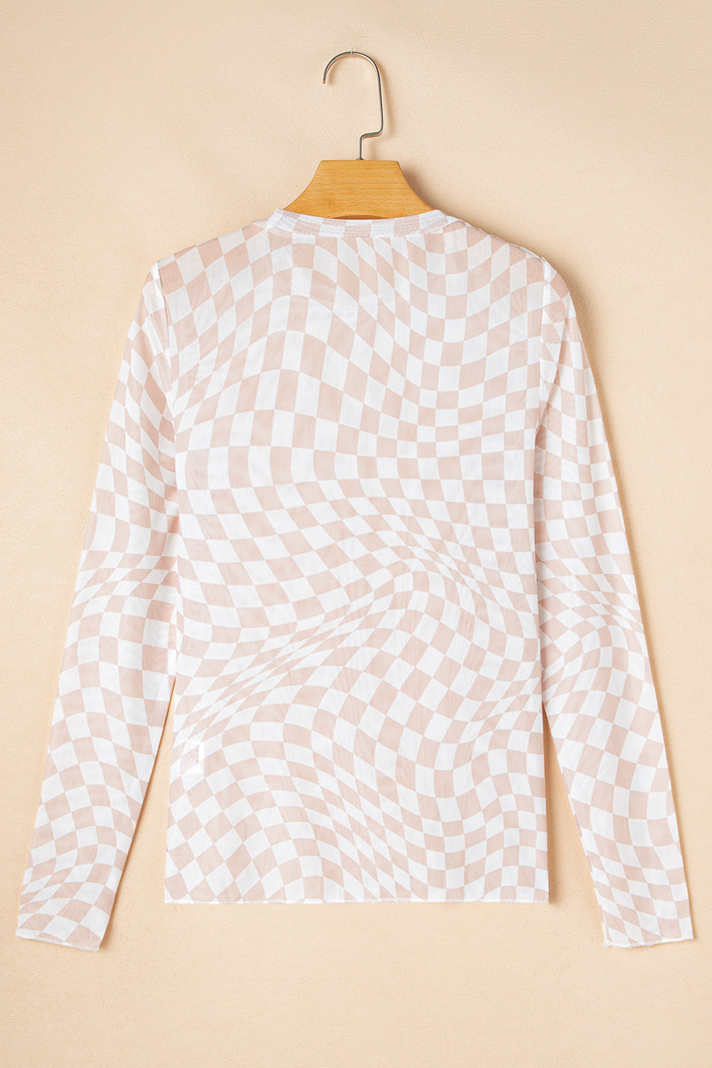 Khaki Checkered Pattern Mesh Mock Neck Long Sleeve Top eAura