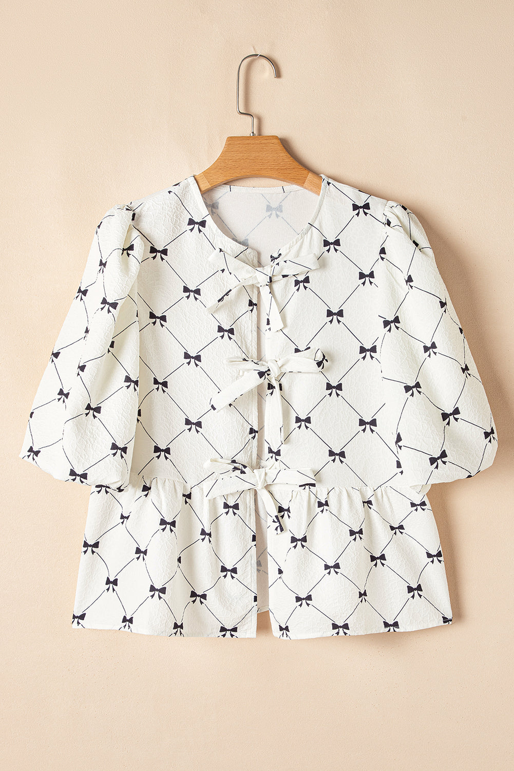 White Bowknot Print Front Knots Bubble Sleeve Blouse eAura