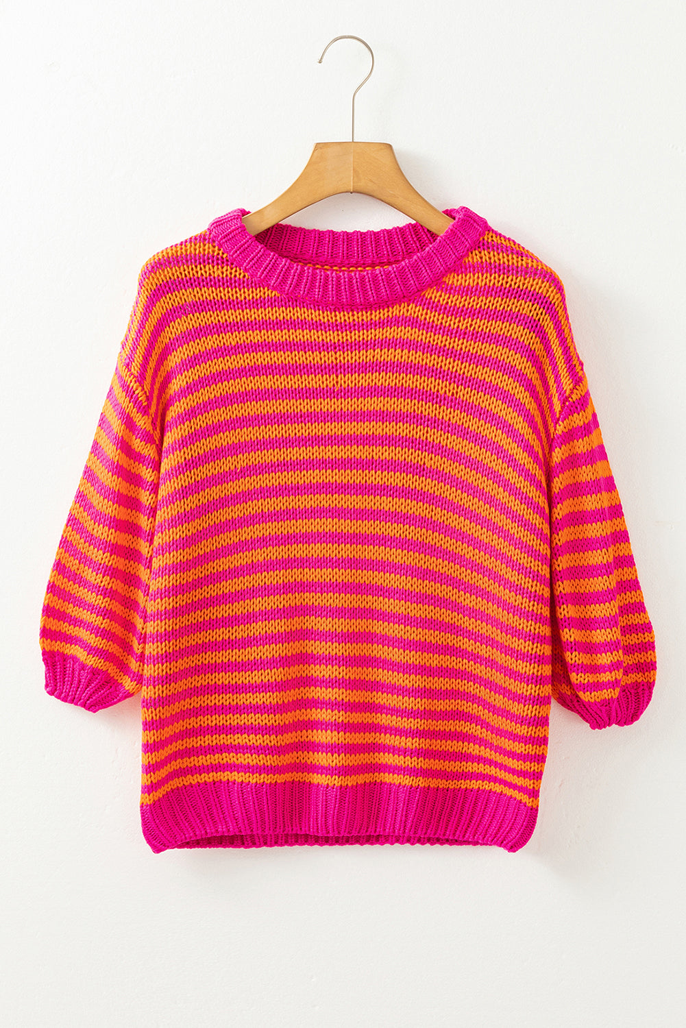 Rose Stripe 3/4 Puff Sleeve Drop Shoulder Sweater eAura
