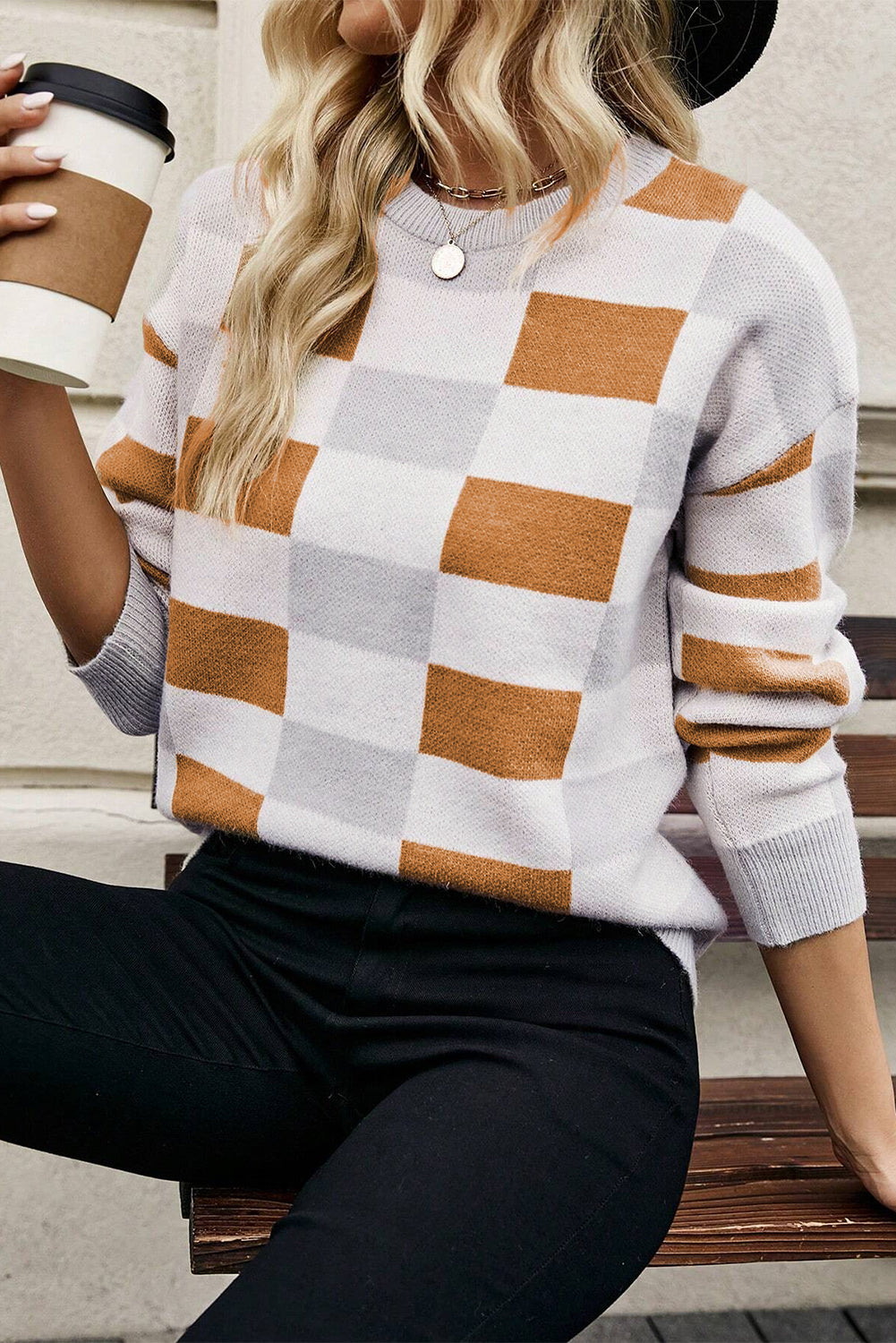 Khaki Checkered Ribbed Edge O Neck Drop Shoulder Sweater eAura
