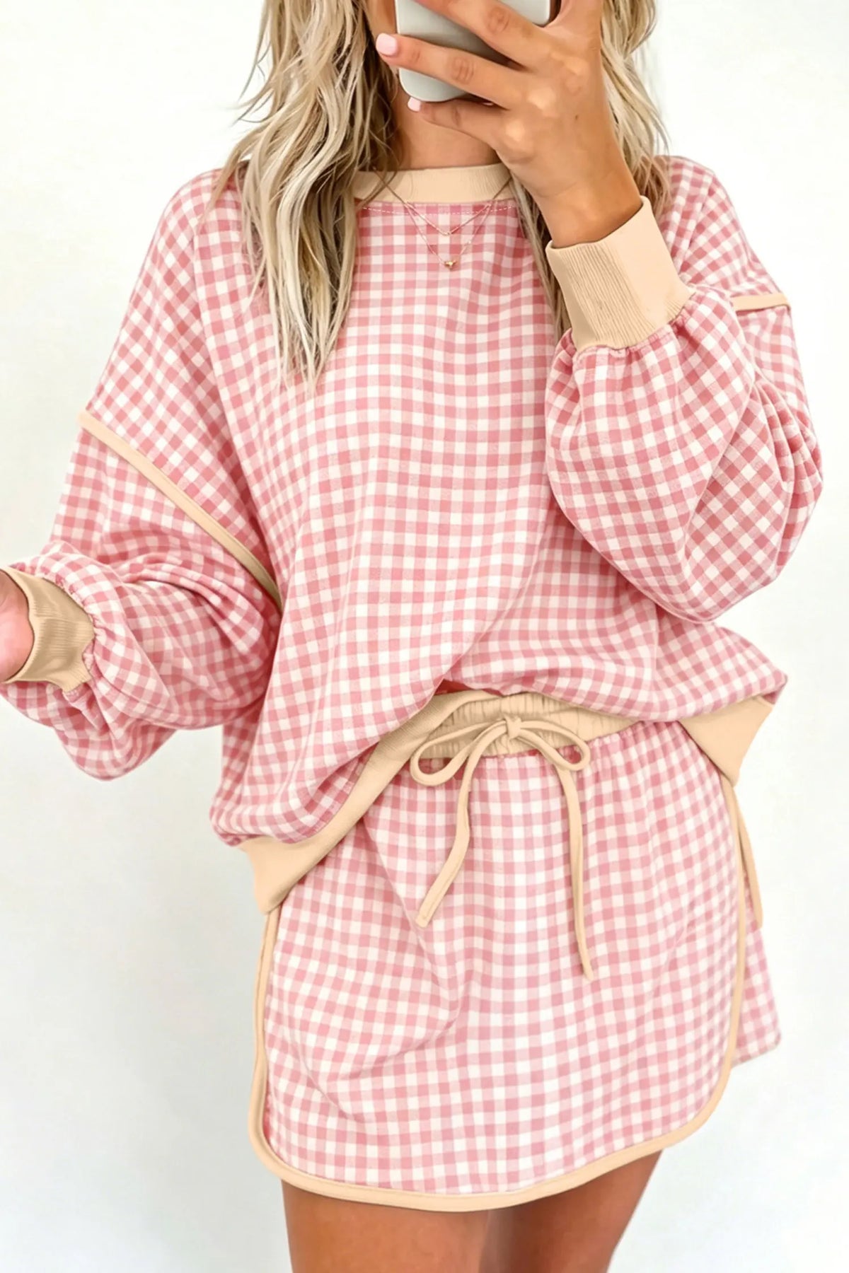 Co-ord Oversized Ribbed Trim Crew Neck Long Sleeve Top and Skort Set