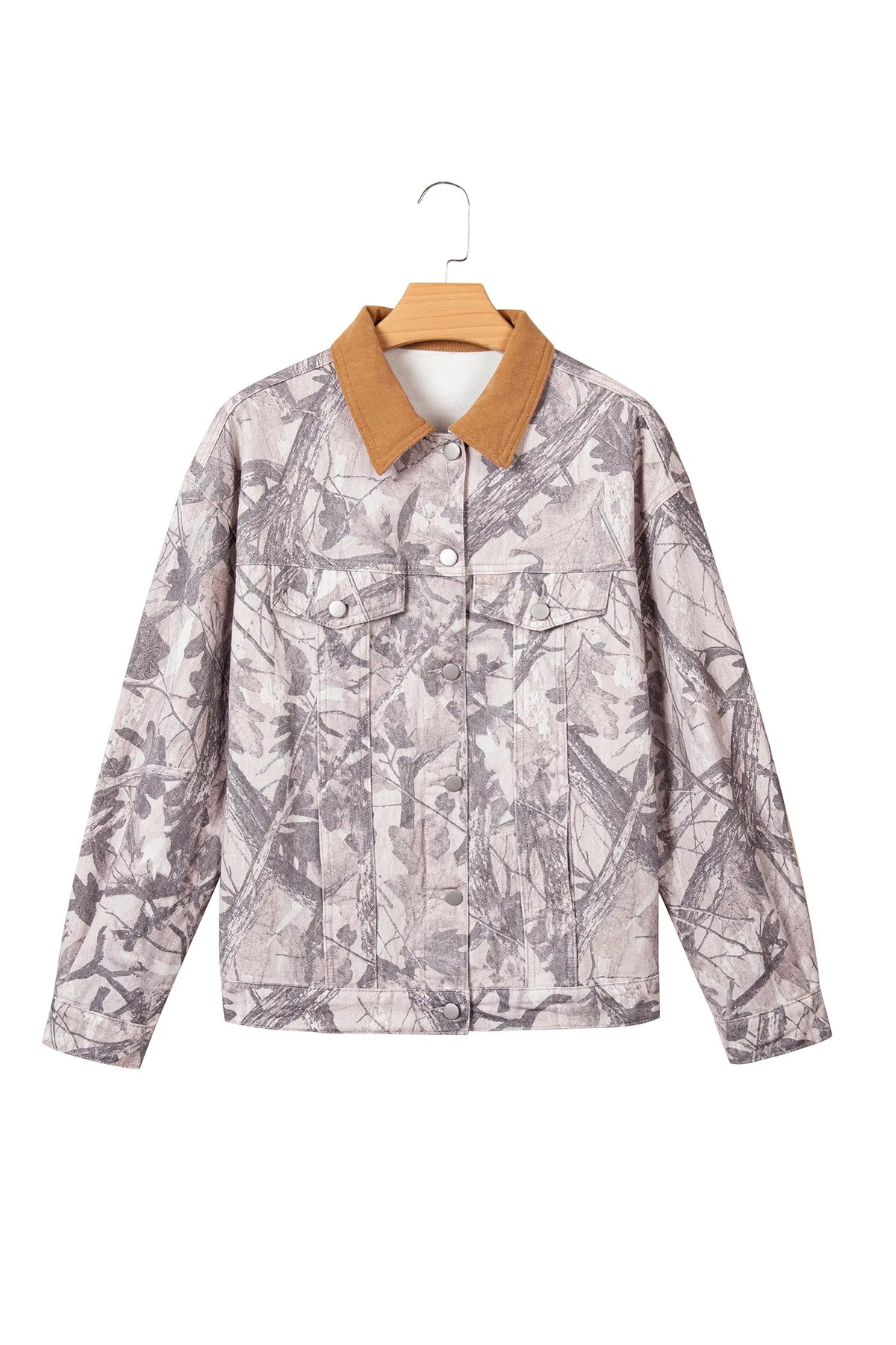 Abstract Camo Print Colourblock Collar Oversized Shift Silhouette Denim Jacket – Grey