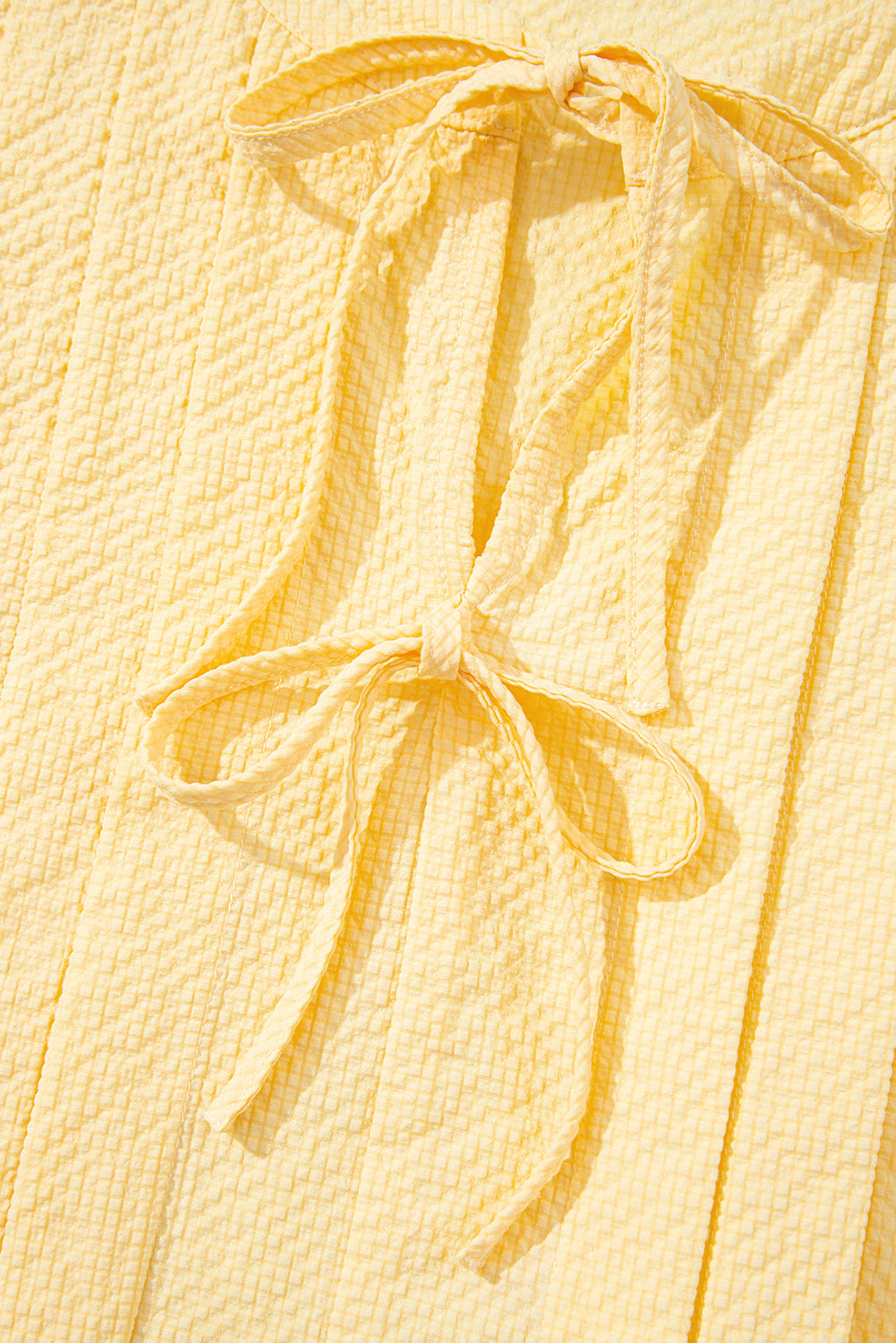Yellow Cream Bow Tie Notched Neck Pleated Sleeveless Top eAura