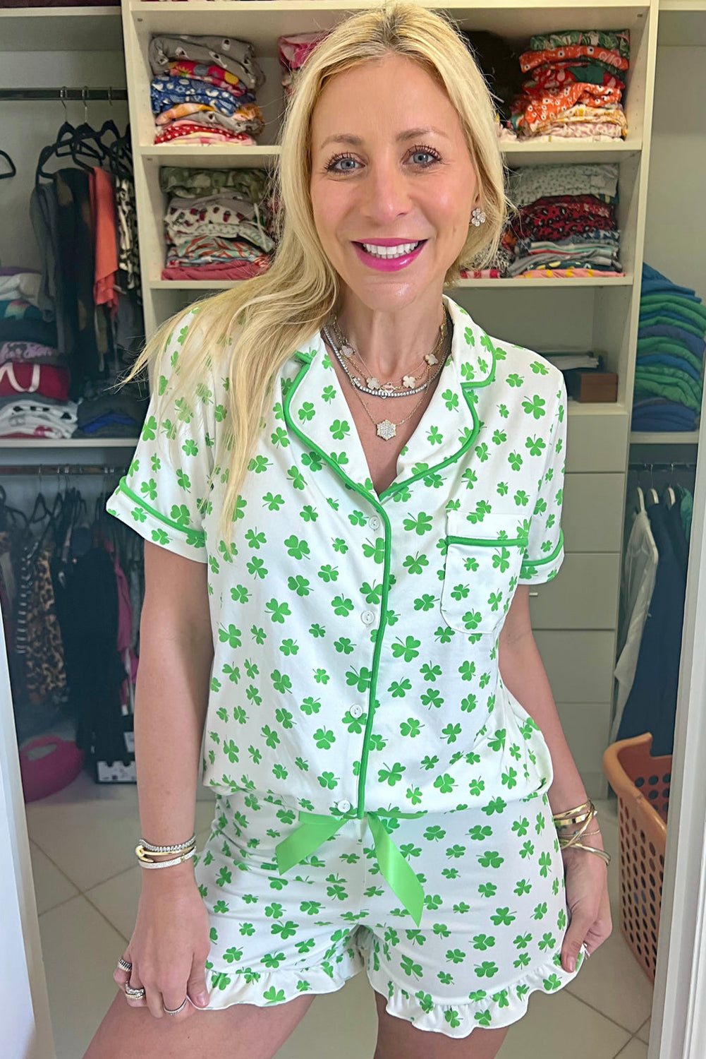 Green Clover Printed Short Sleeve and Ruffled Shorts Pyjama Set eAura