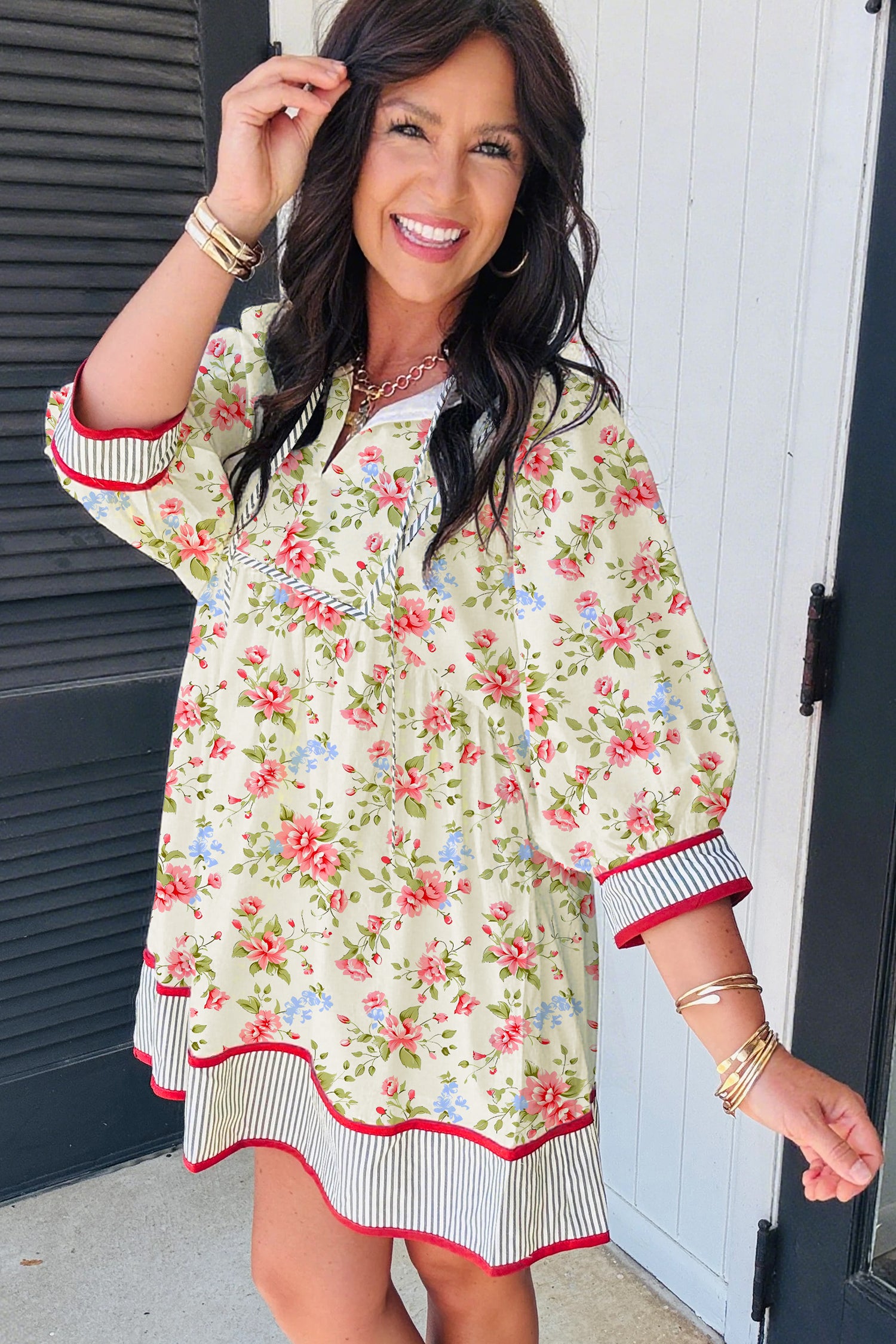 Striped Edge 3/4 Puff Sleeve Floral Dress
