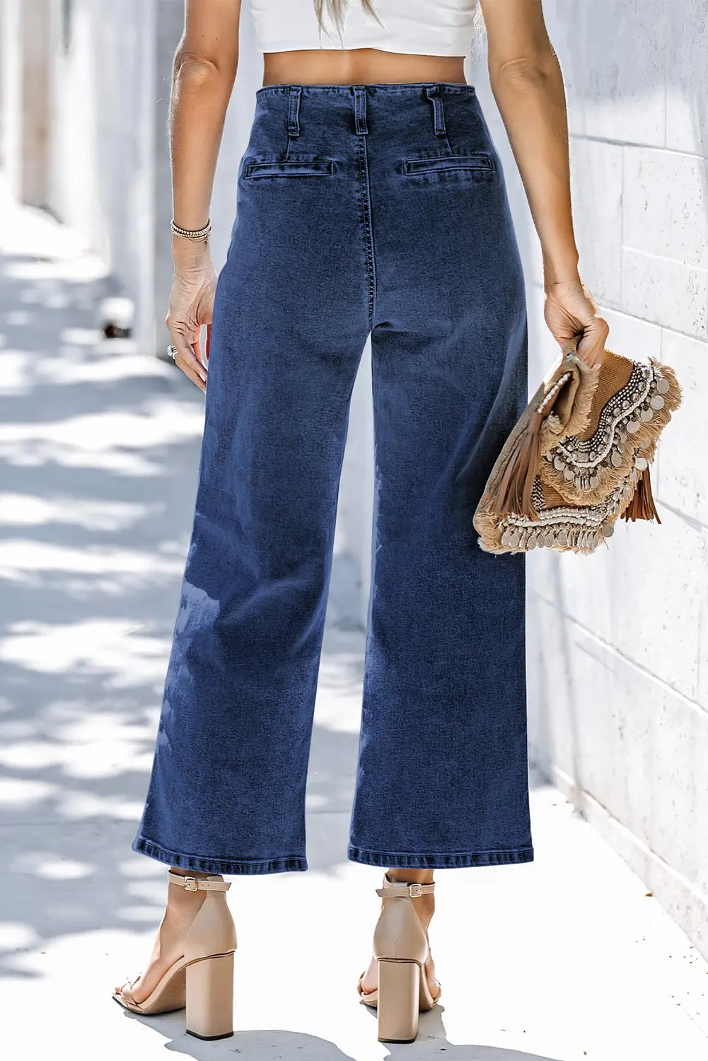 High Waist Button Front Wide Leg Cropped Jeans – Sail Blue