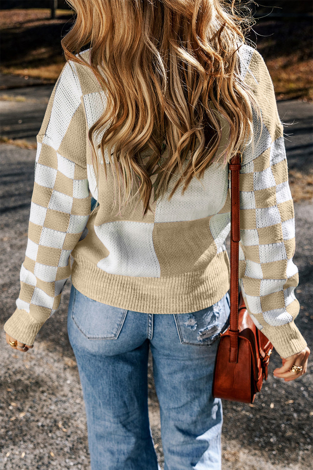 Flaxen Checkered Print Drop Shoulder Sweater eAura