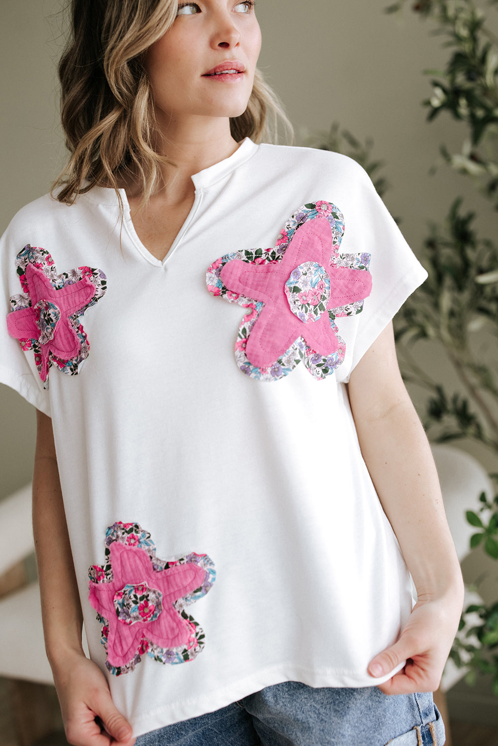 White Floral Applique Notched V Neck Dolman Sleeve Top eAura