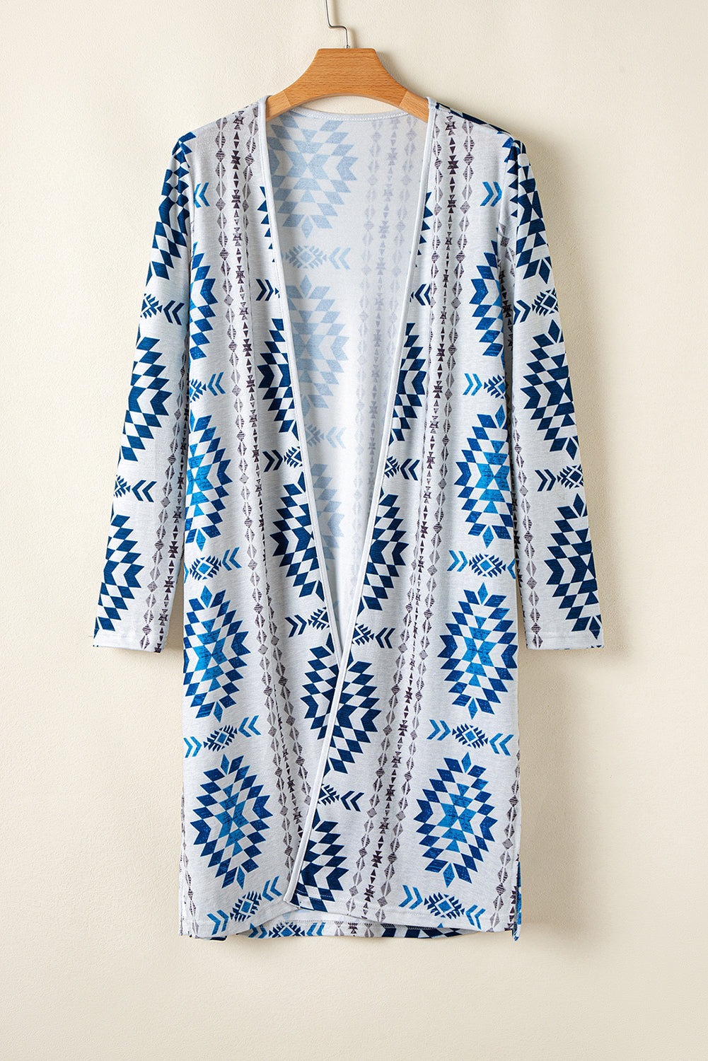 Sky Blue Western Aztec Printed Open Front Long Cardigan eAura