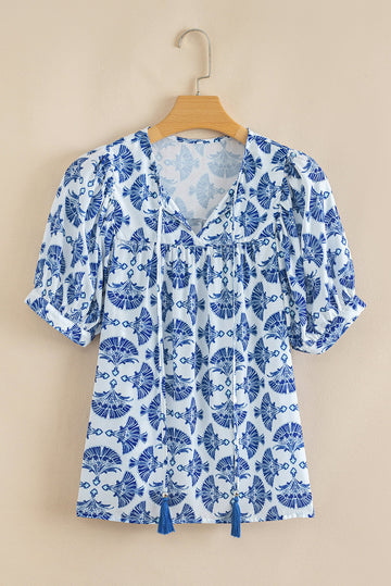 Blue Geometric Print Tassel Drawstring V-Neck Blouse - Tops/Blouses & Shirts