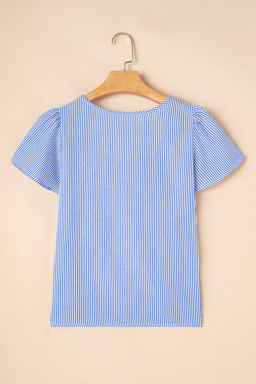 Sky Blue Stripe Textured Ruffle Short Sleeve Boho Detail Square Neck Blouse eAura
