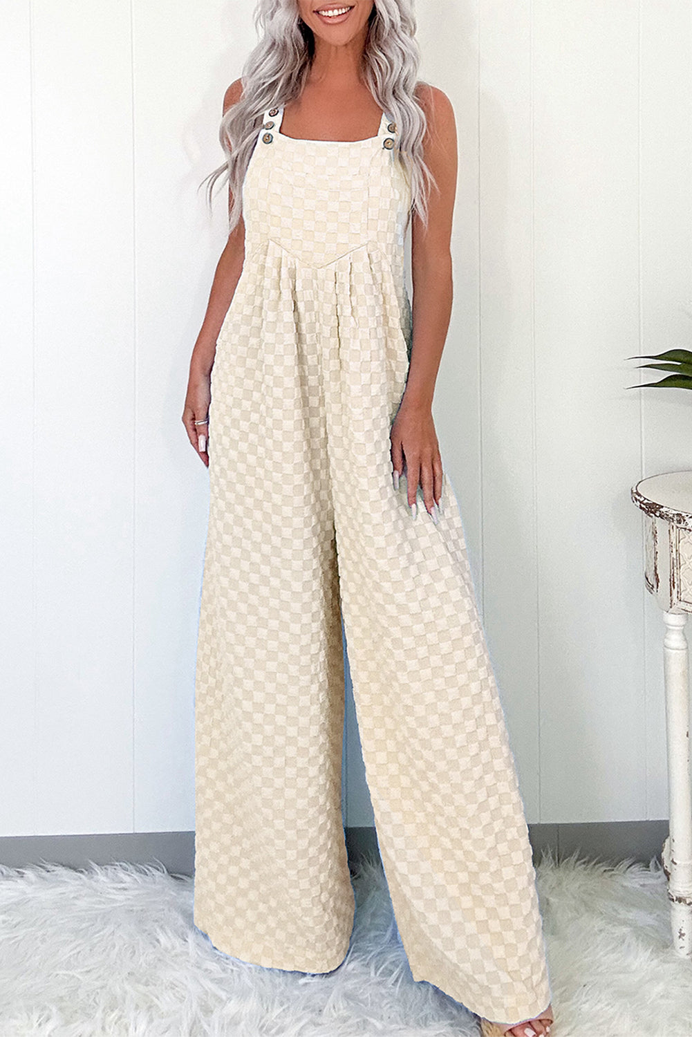 Beige Checkered Pocketed High Waist Wide Leg Overall eAura