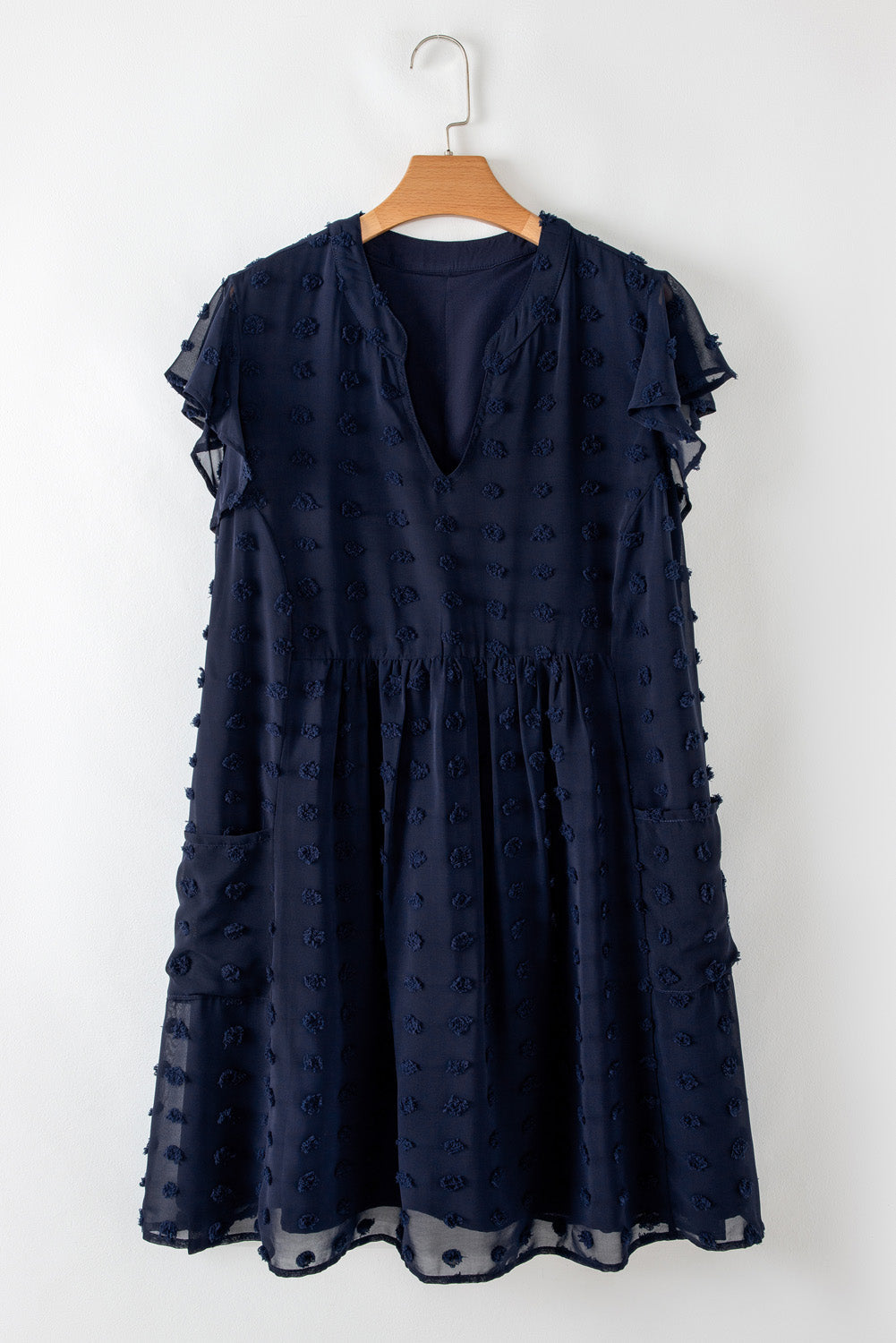 Navy Blue Dotty Textured Notched Neck Plus Ruffled Dress BB Fashion Outlet