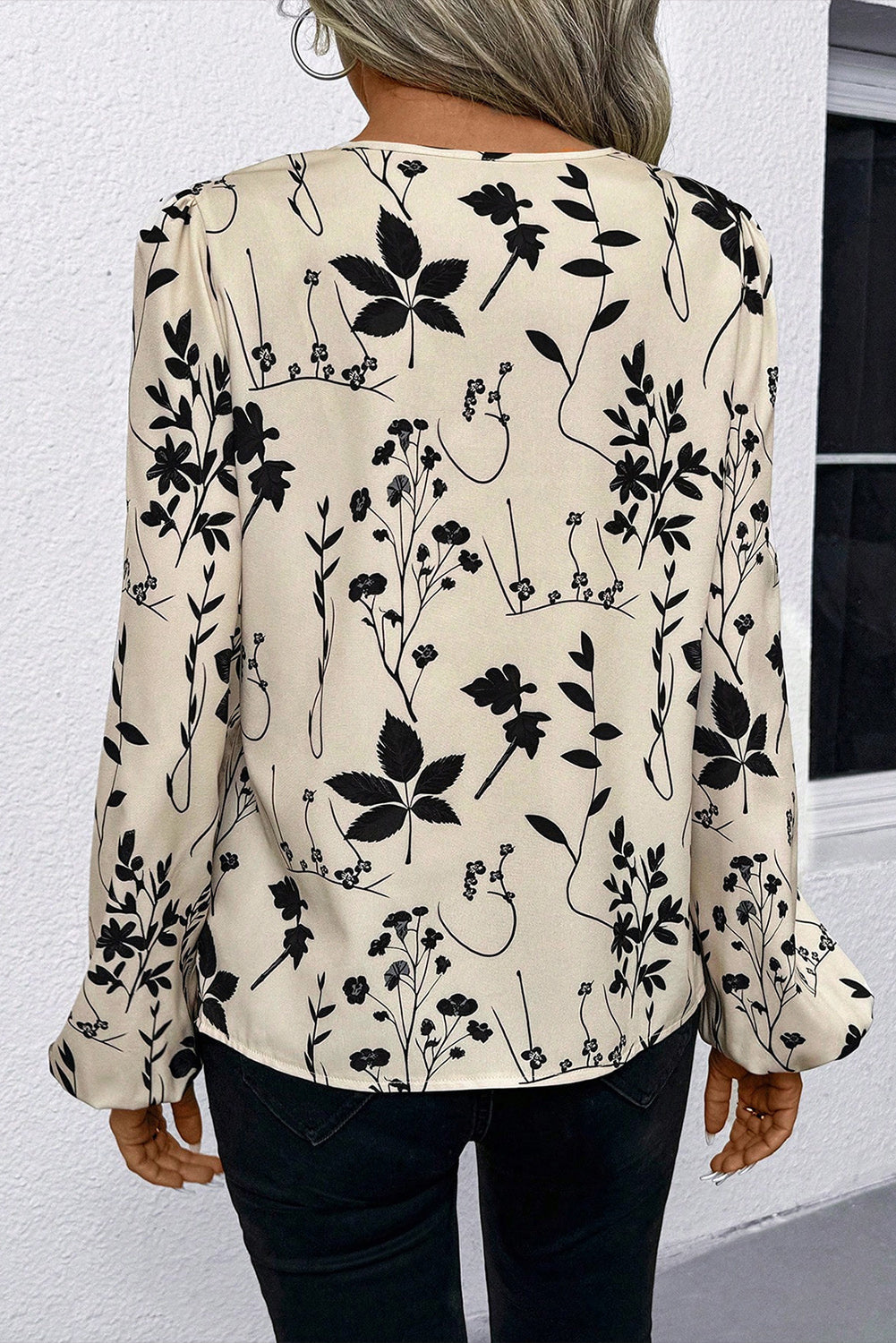 Botanical Floral Print Split Neck Long Sleeve Blouse - eAura