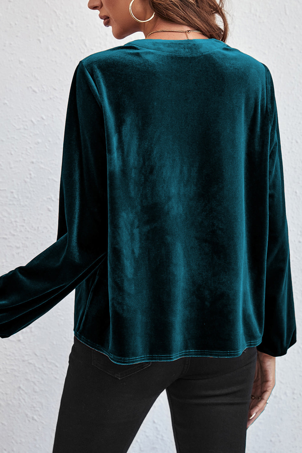 Skobeloff Lantern Sleeve Beaded Split V Neck Velvet Top eAura