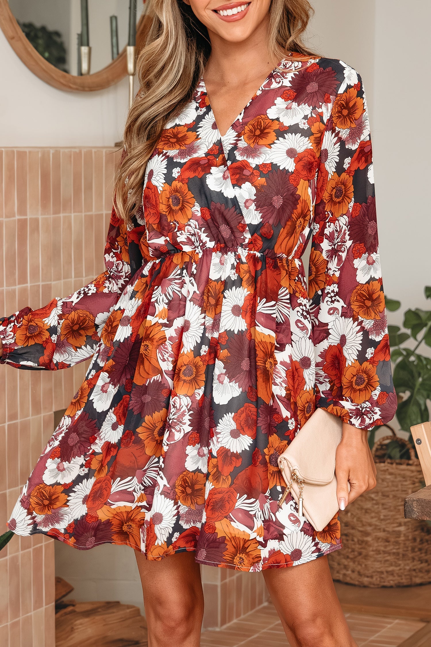 Floral Print Wrap V-Neck Puff Sleeve Flowy Mini Dress - Dresses/Floral Dresses
