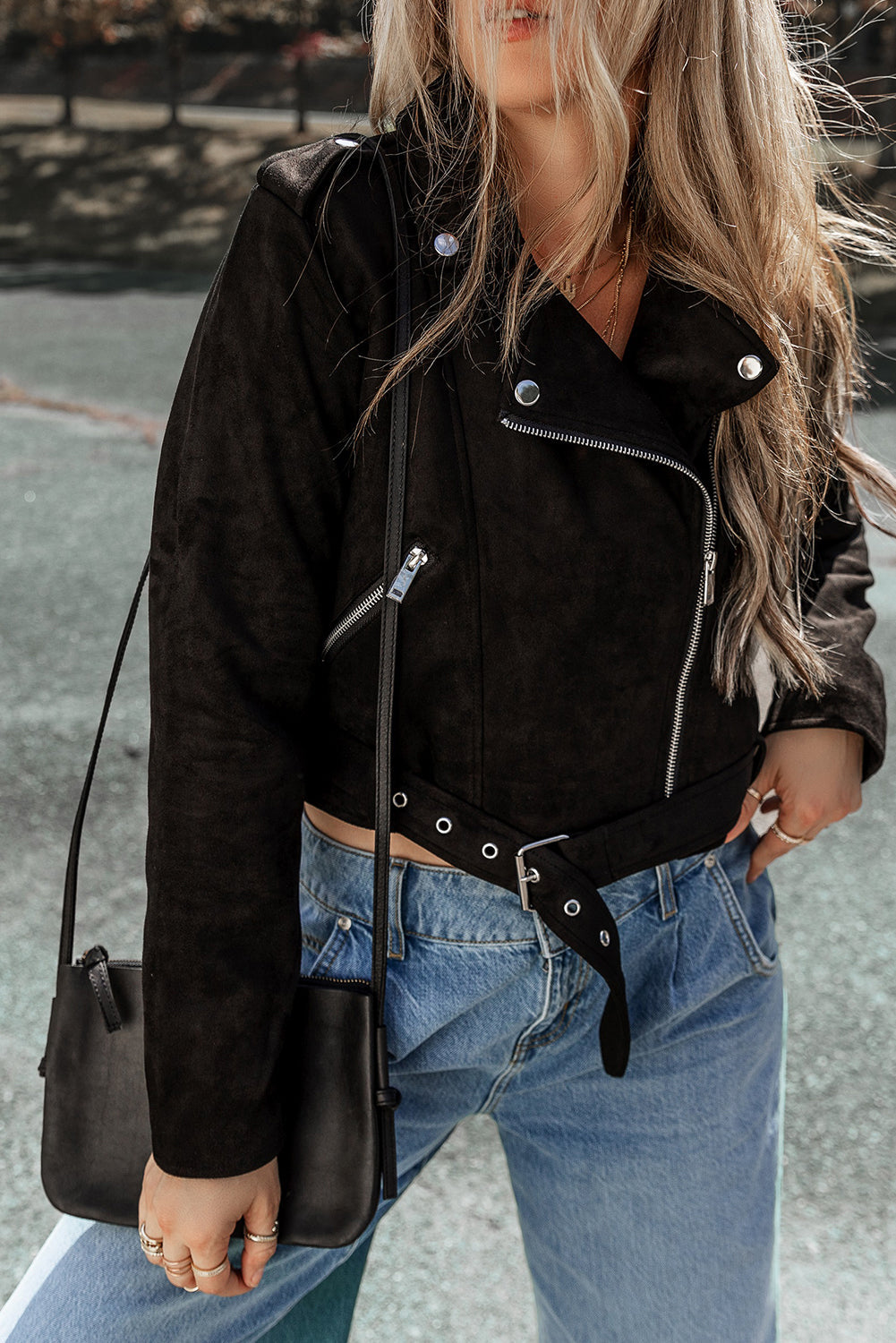 Black Asymmetric Zipper Belted Hem Jacket Beagle Boutique Fashion Outlet