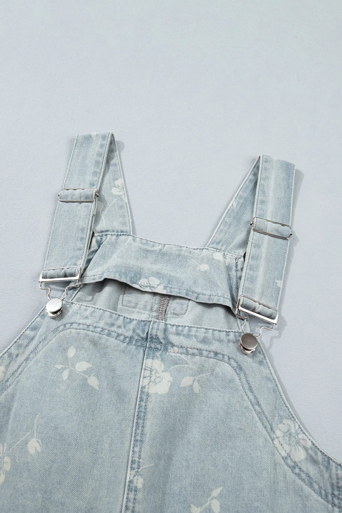 Sky Blue Retro Wash Denim Floral Print Overall Mini Dress – Light Blue