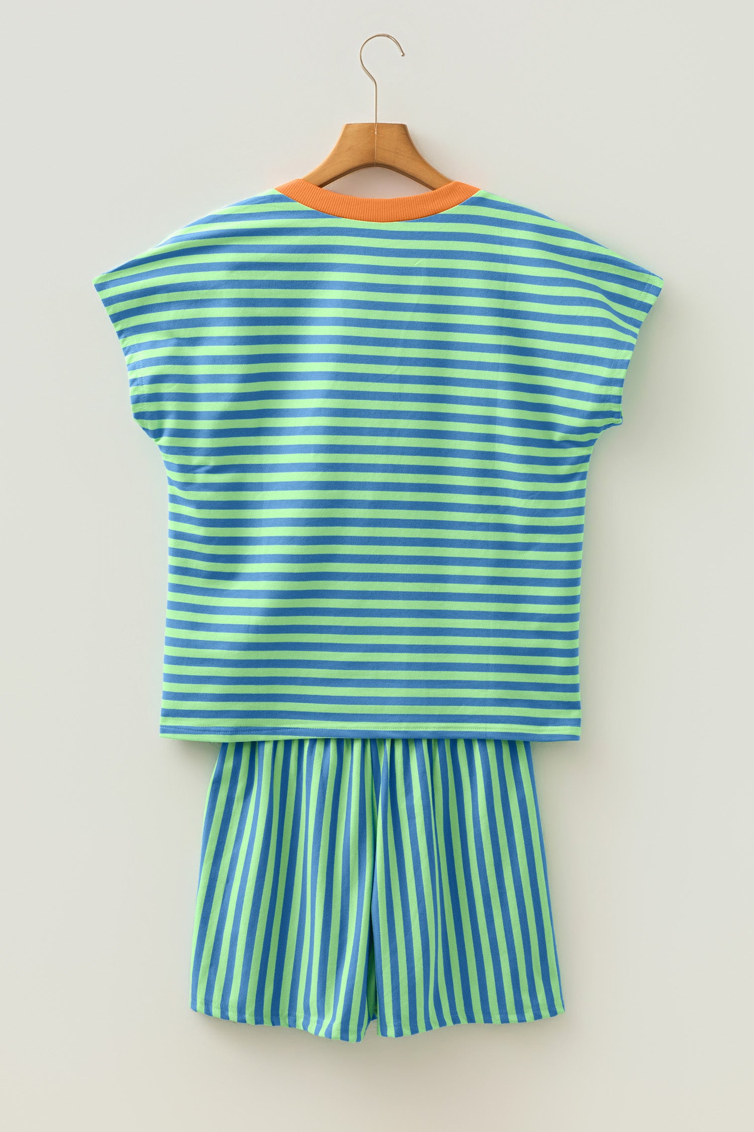 Colorblock Trim V Neck Tee Drawstring Elastic Waist Short Set – Yellow Stripe