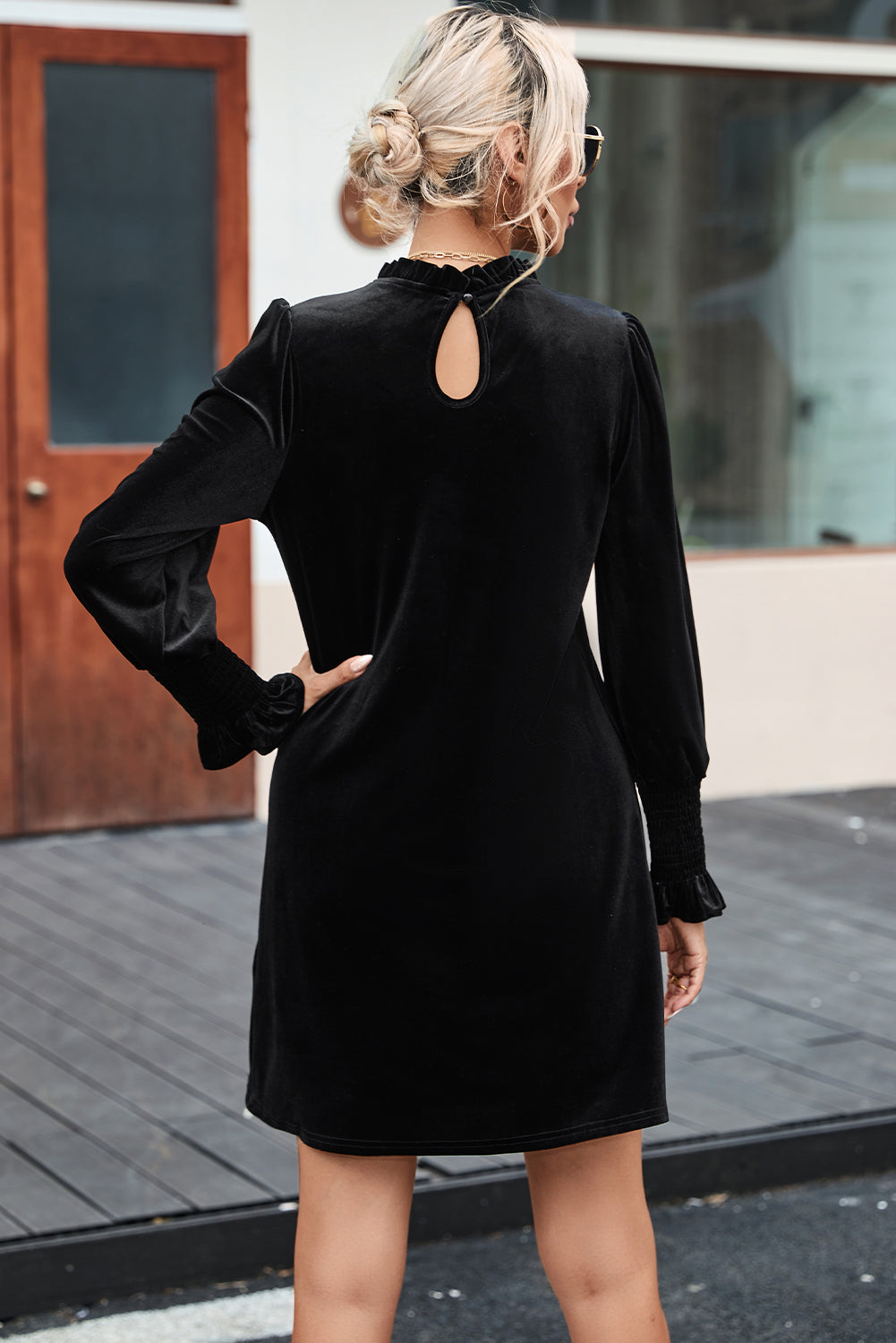 Black Velvet Frill Neck Long Sleeve Shift Dress - eAura