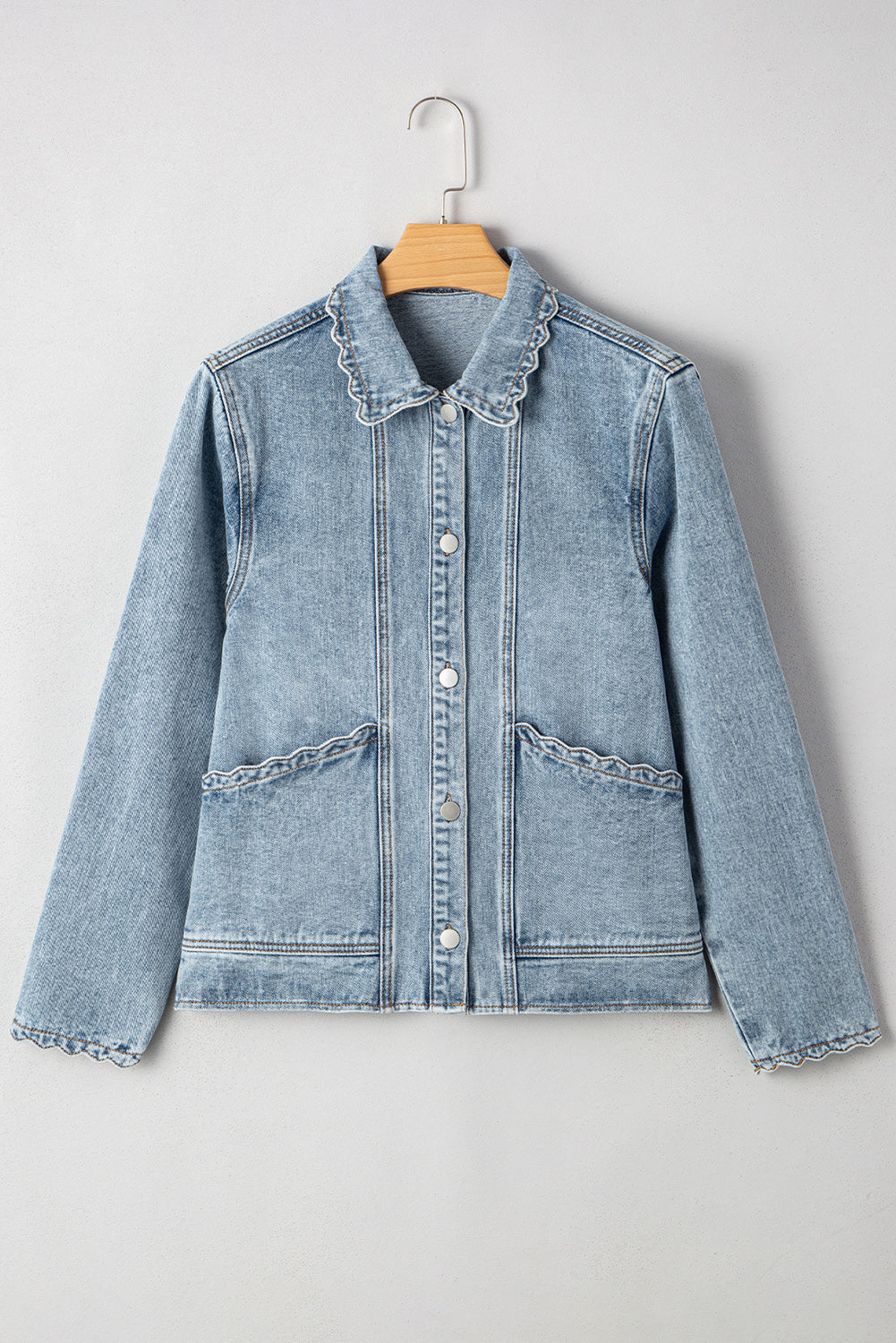 Scallop Trim Collar Patched Pocket Button Up Denim Jacket eAura