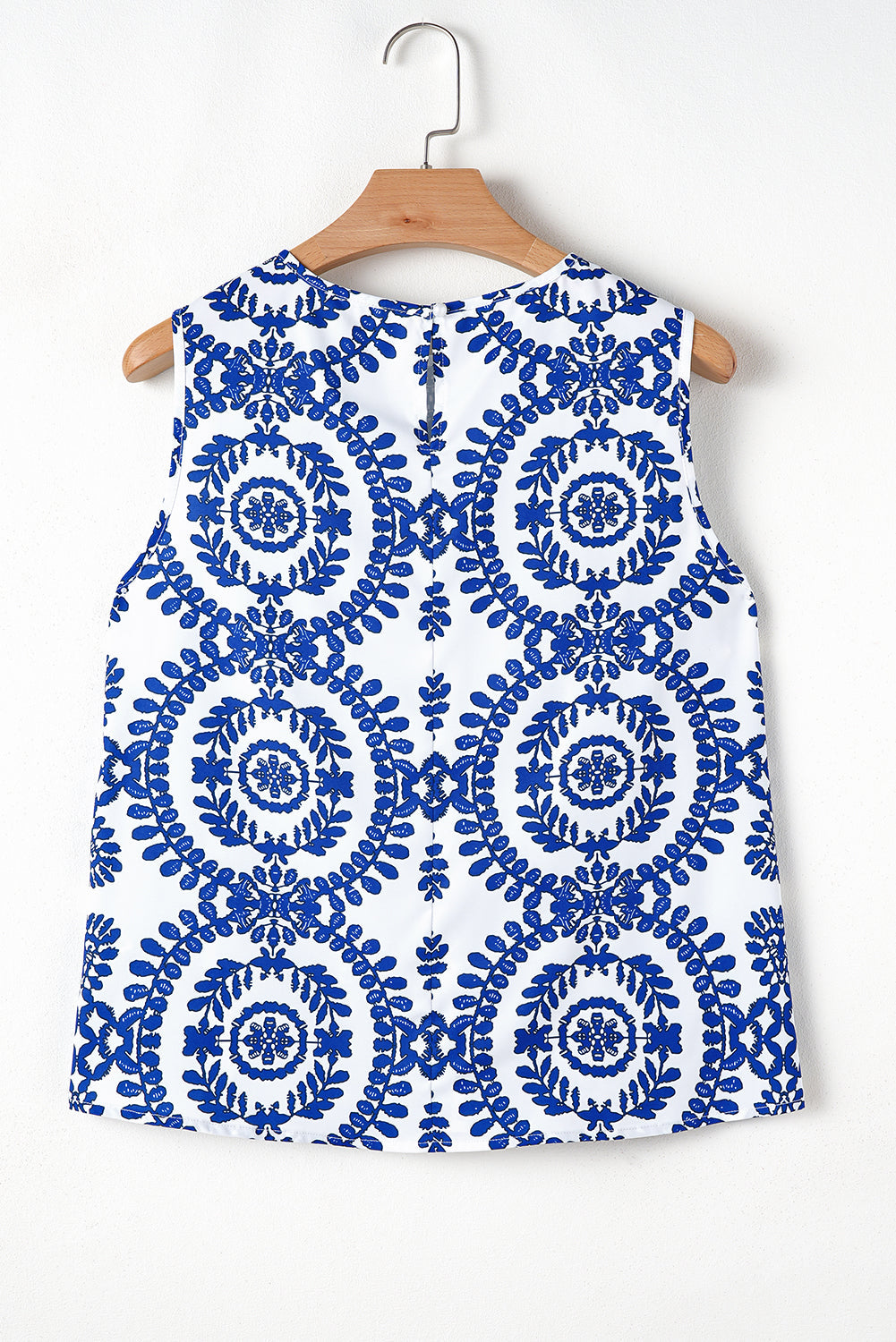 Blue Vintage Print Pintuck Crew Neck Tank Top eAura