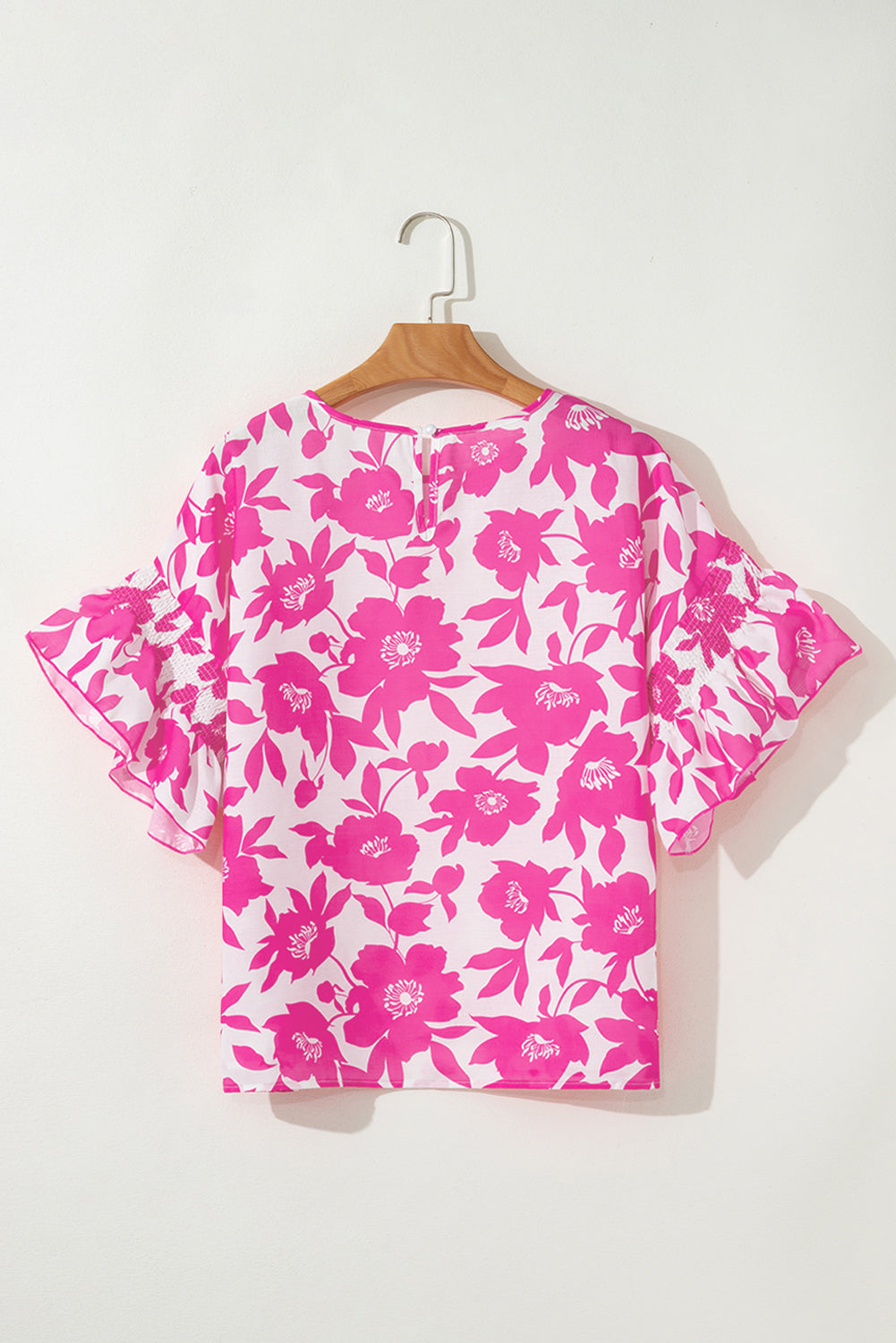 Pink Floral Printed Ruffled Short Sleeve Round Neck Loose Blouse eAura
