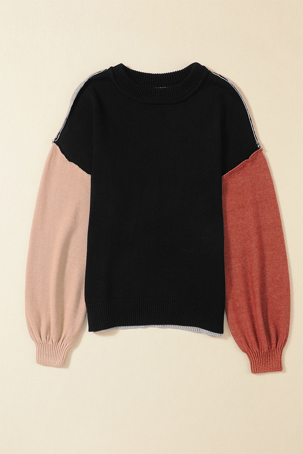 Pink Colourblock Bishop Sleeve Ribbed Trim Sweater eAura