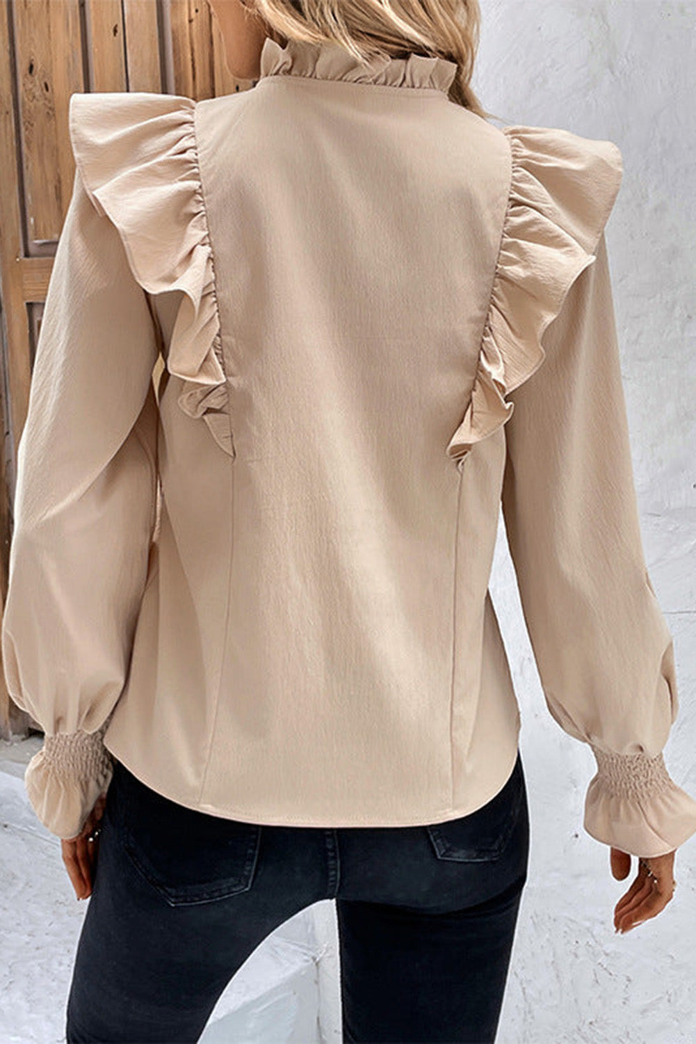 Khaki Ruffled Lace up Bubble Sleeve Blouse eAura