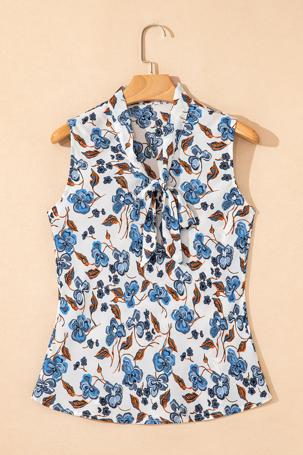 Sky Blue Floral Print Knotted V Neck Elegant Tank Top eAura