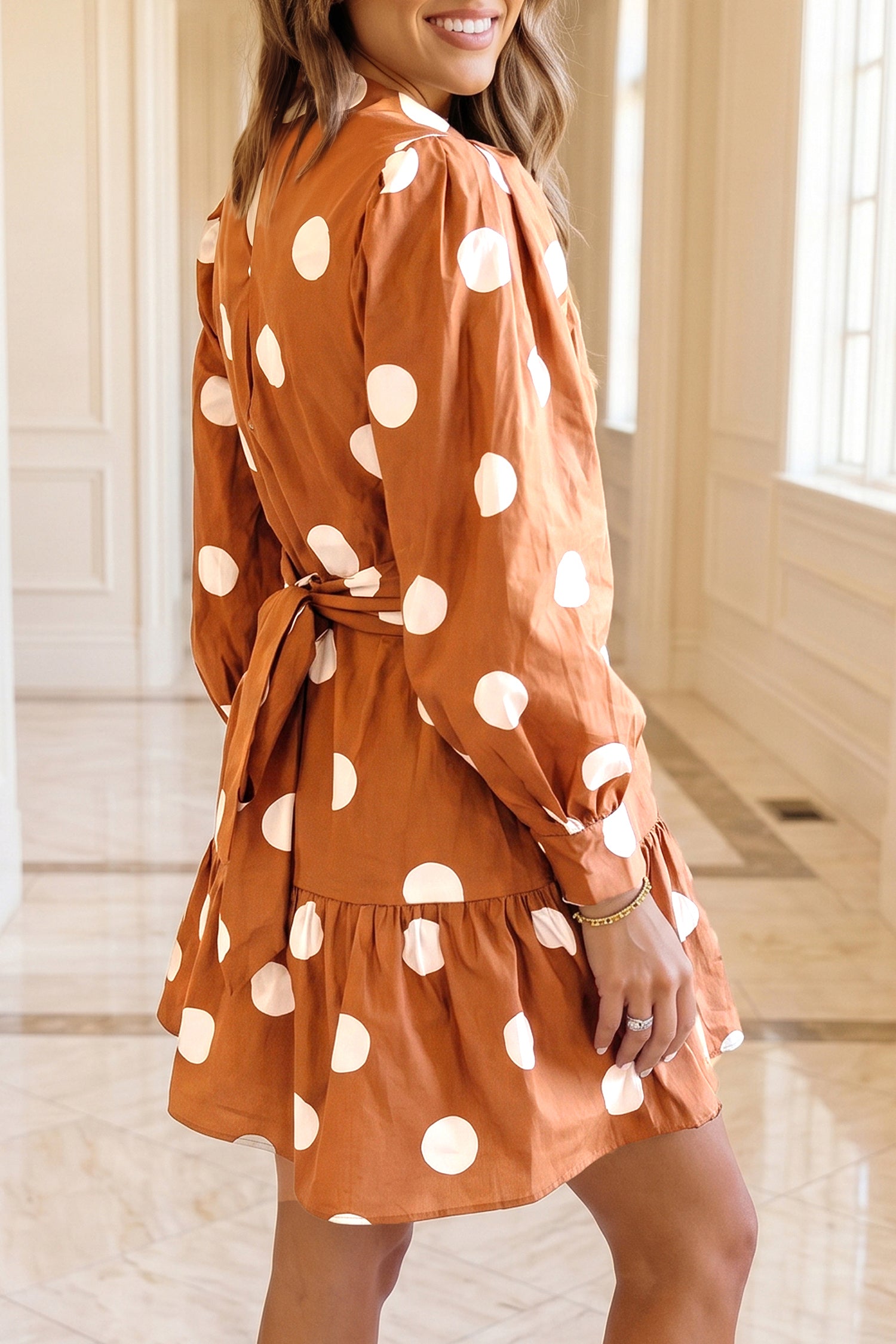 Polka Dot Long Sleeve Tie Waist Casual Shift Mini Dress – Brown