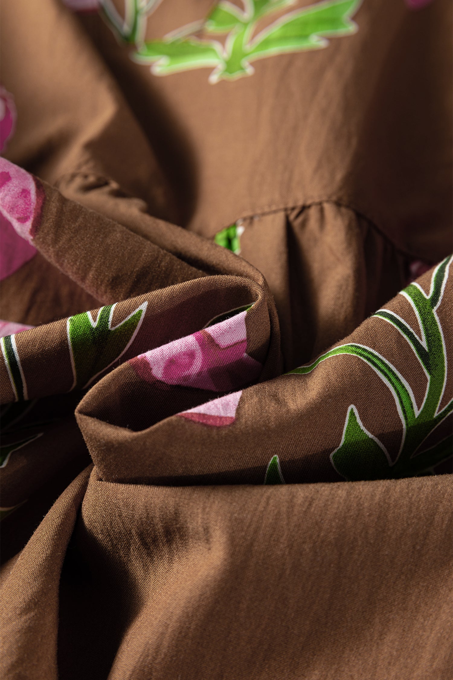 Brown Contrast Floral Print Babydoll Tunic Ruffled Hem Puff Sleeve Dress - Dresses/Floral Dresses