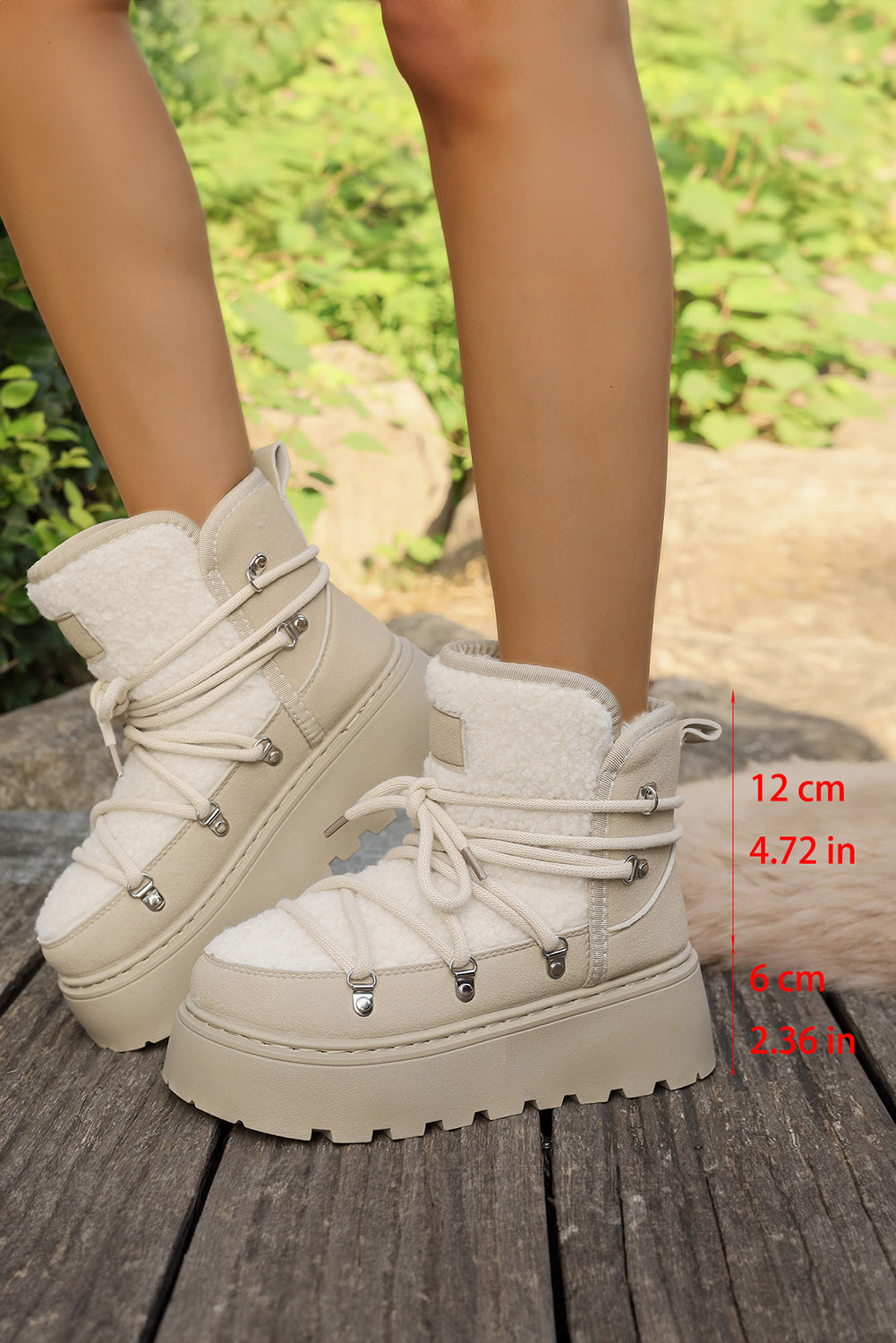 White Sherpa PU Leather Patchwork Lace-up Thick Bottom Snow Boots - eAura
