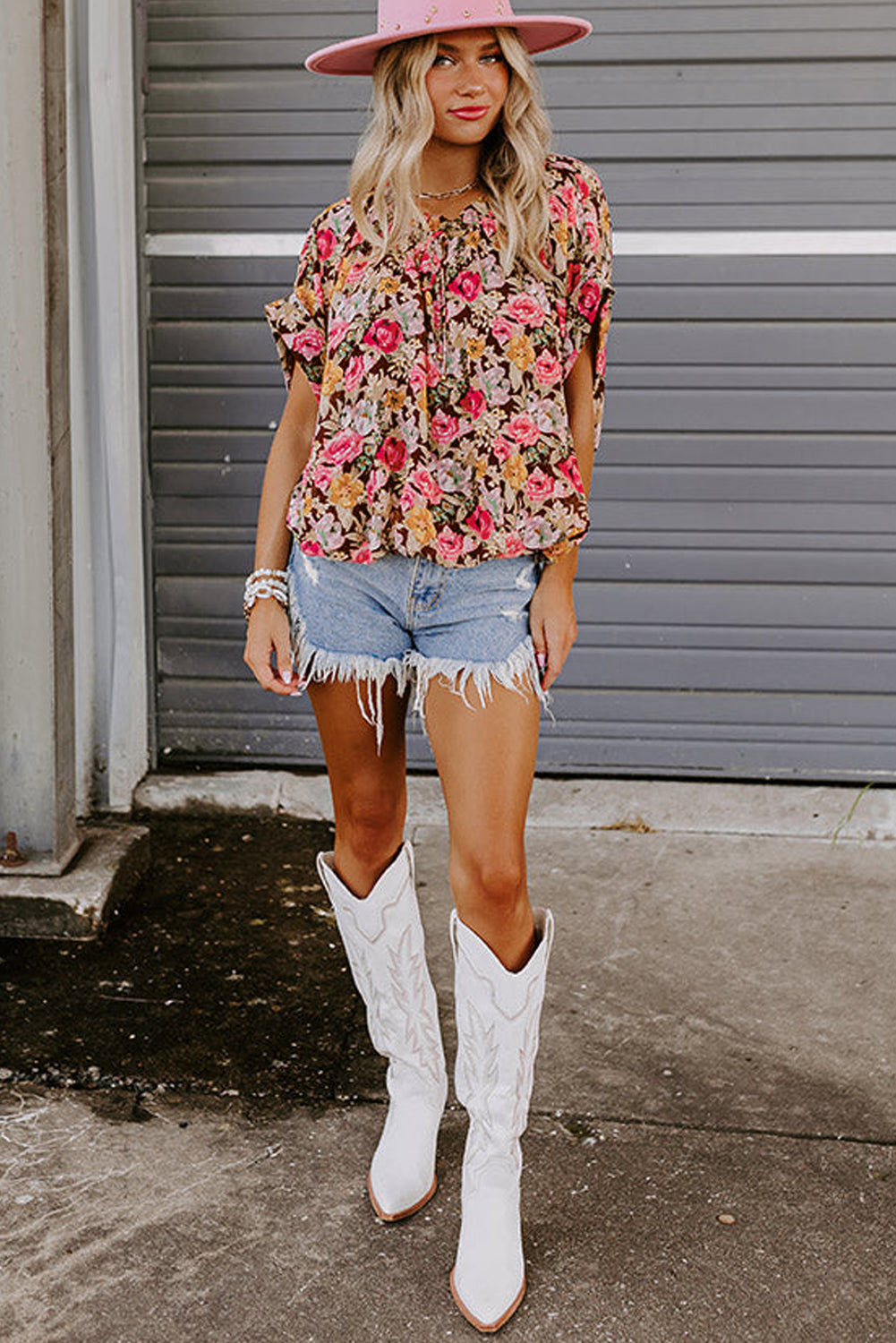 Pink Floral Print Crew Neck Short Sleeve Shift Blouse eAura