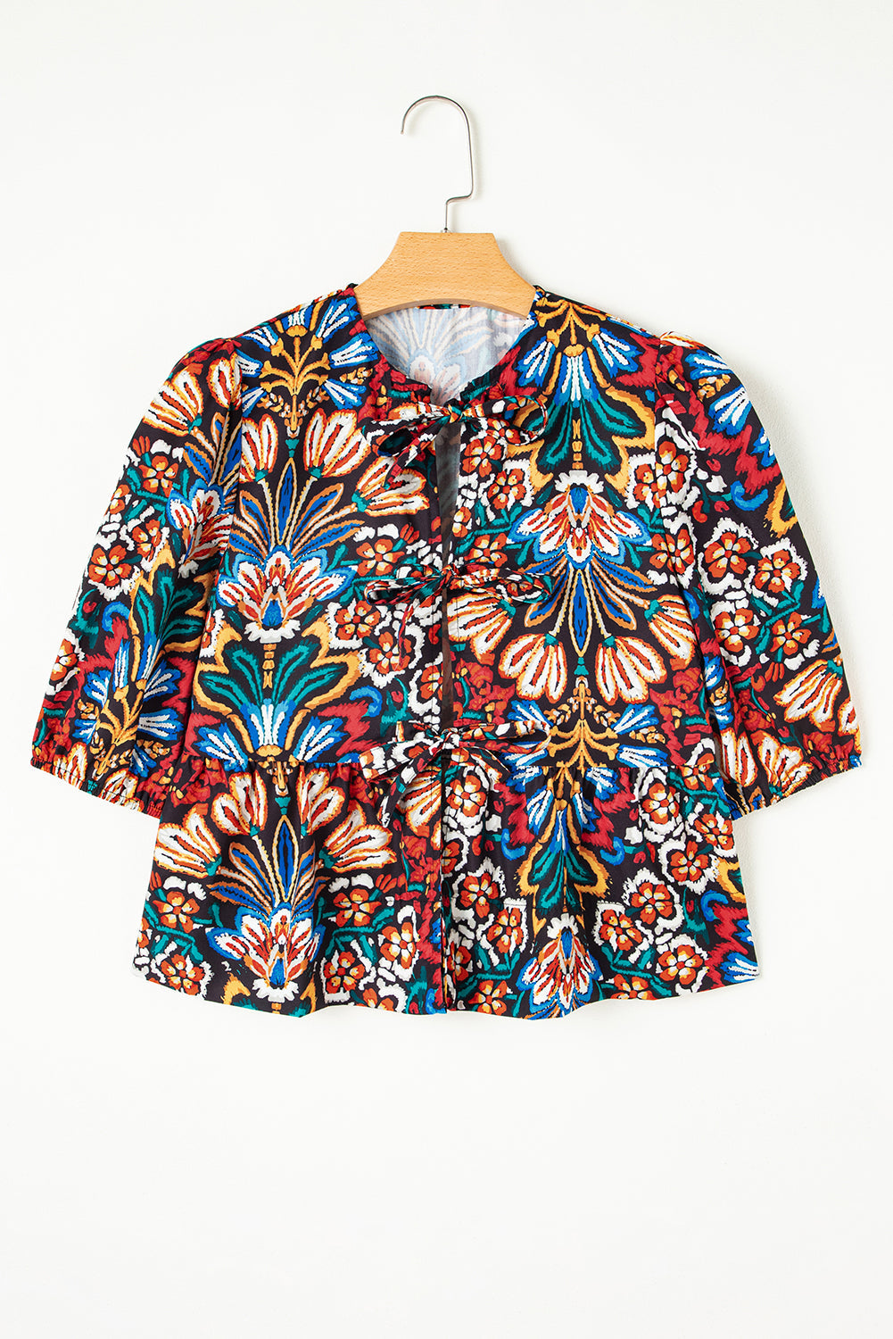 Black Tropical Print Bubble Sleeve Knot Front Blouse eAura