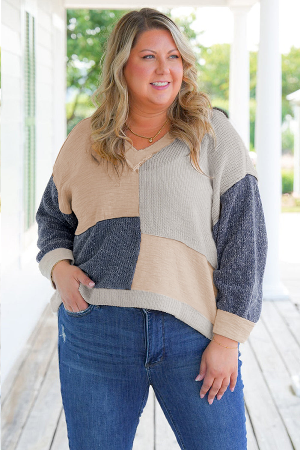 Ashleigh Blue Plus Size Textured Colourblock Patchwork V Neck Top BB Fashion Outlet