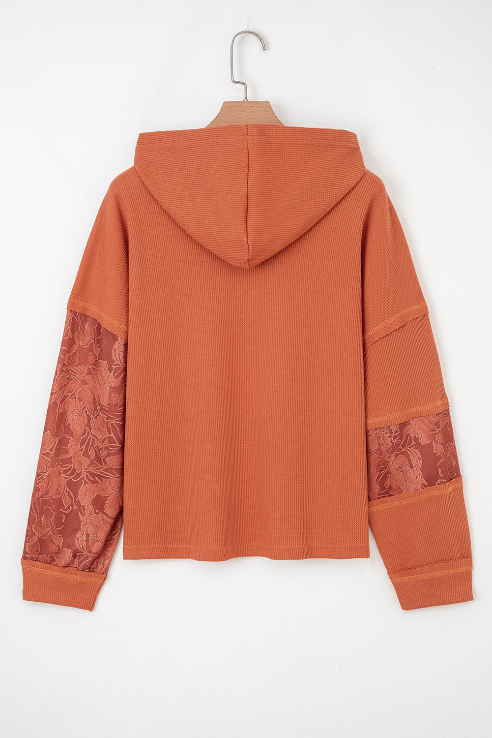 Waffle Patchwork Drawstring Hooded Long Sleeve Top - eAura